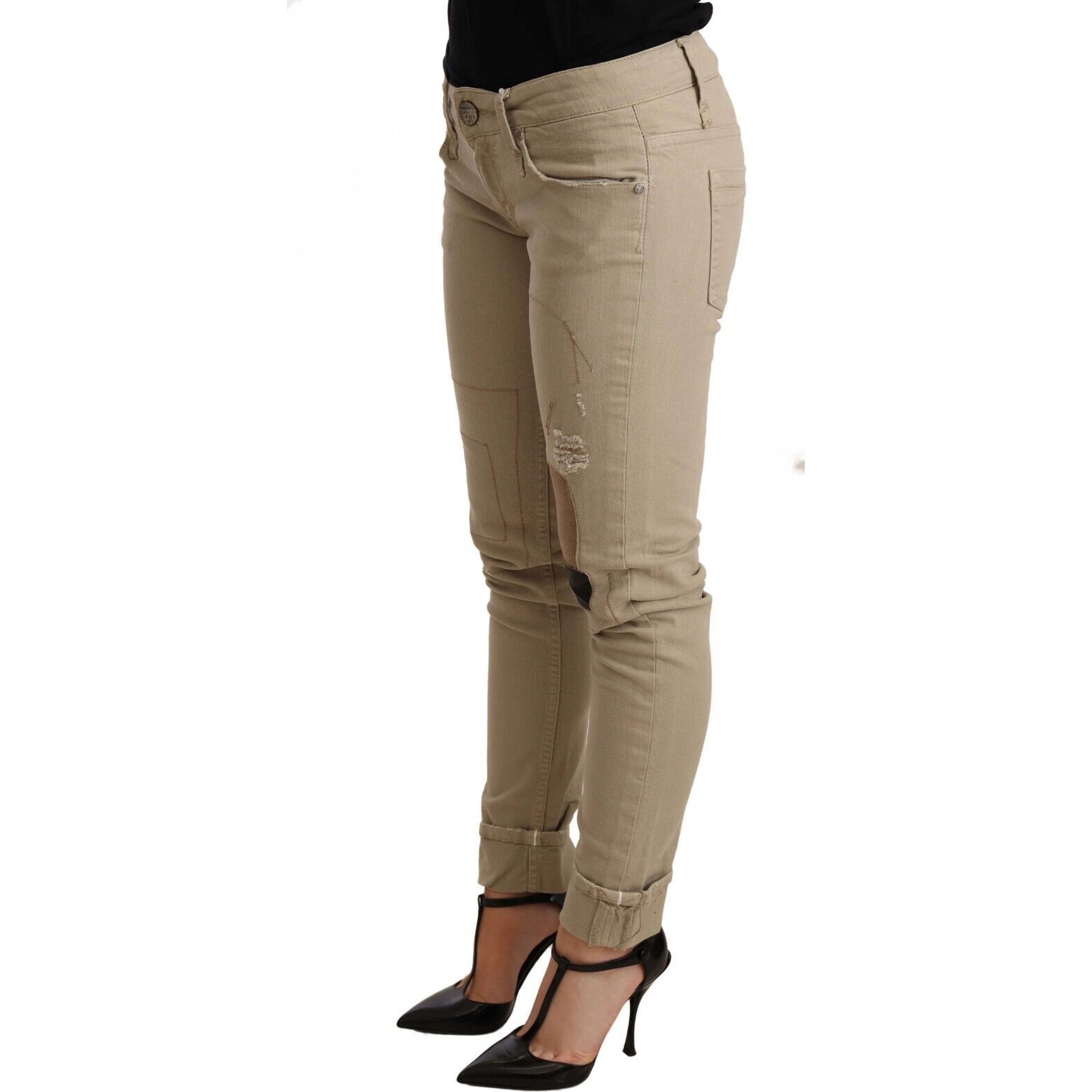 Beige Denim Cotton Bottom Slim Fit Folded Pant