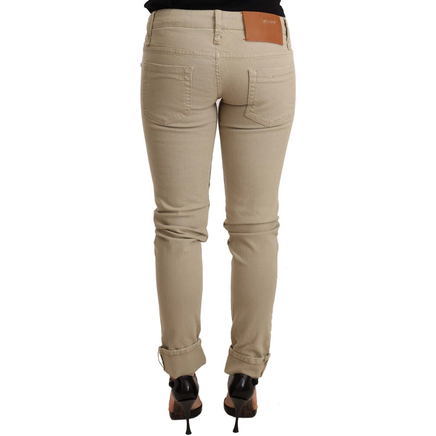 Beige Denim Cotton Bottom Slim Fit Folded Pant