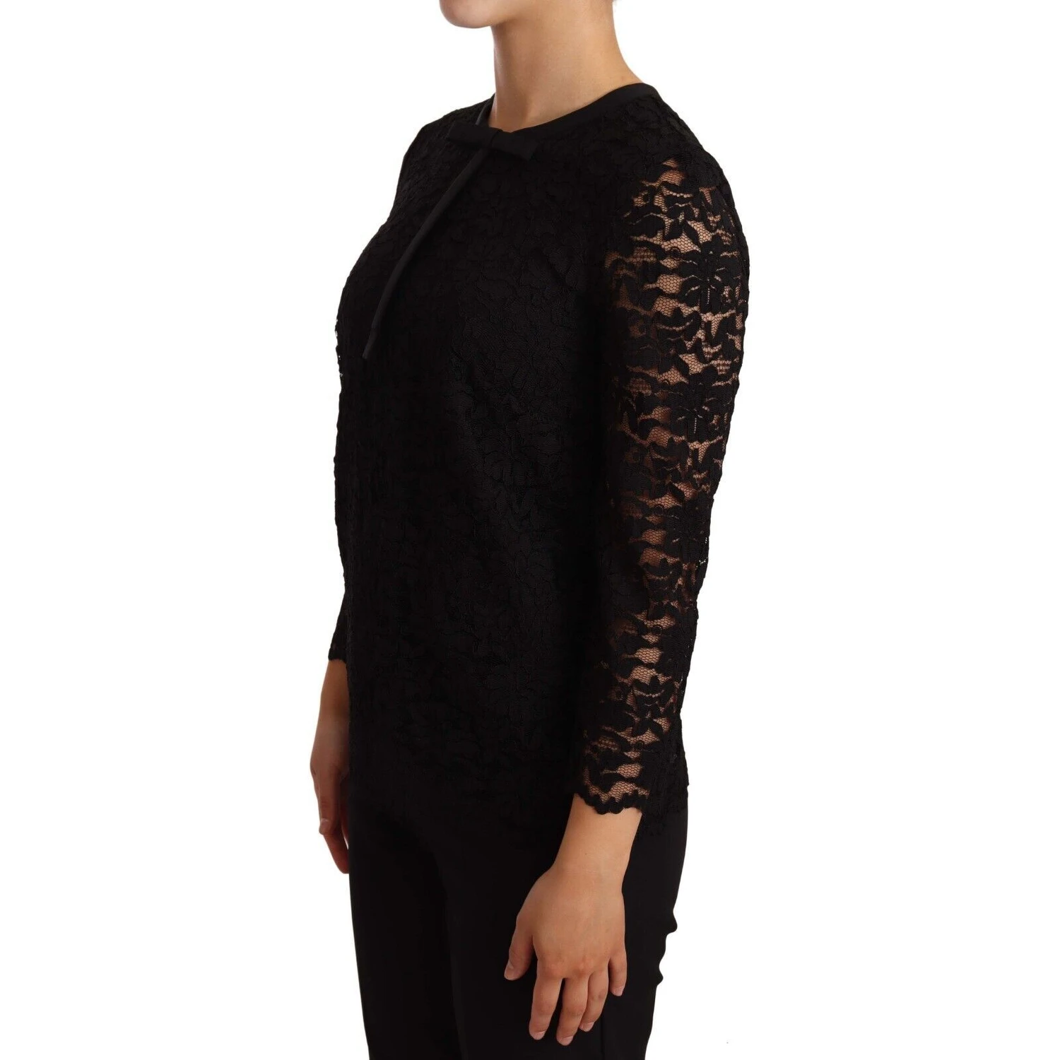 Black Floral Lace Nylon Blouse Top