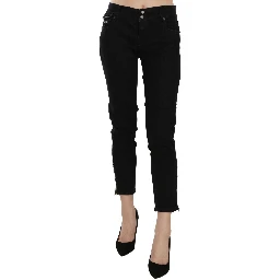 Black Mid Waist Cropped Cut Hem Denim Casual Pants