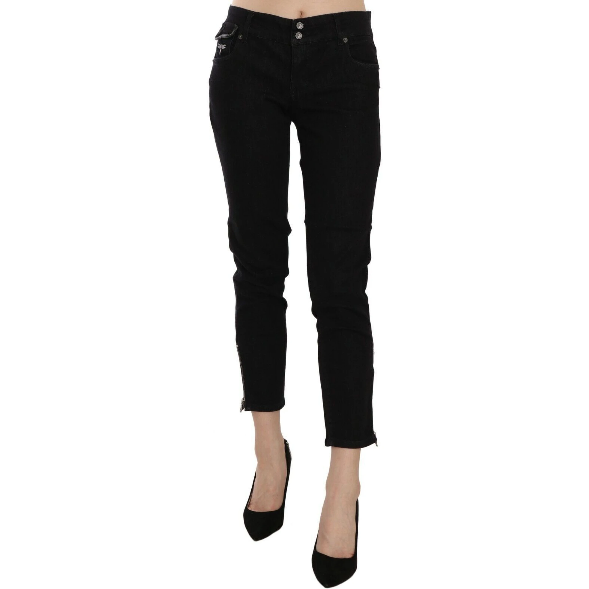 Black Mid Waist Cropped Cut Hem Denim Casual Pants