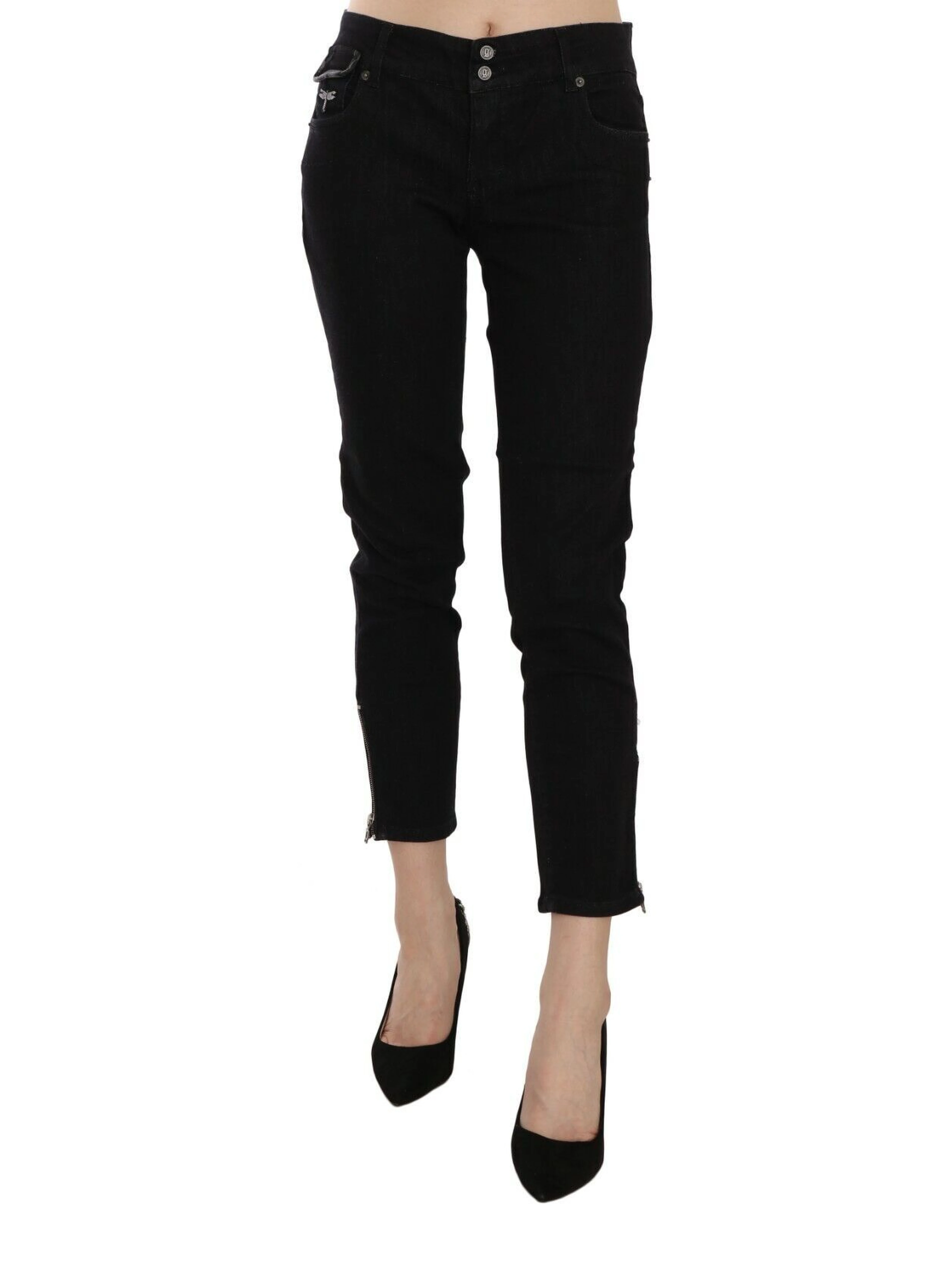 Black Mid Waist Cropped Cut Hem Denim Casual Pants