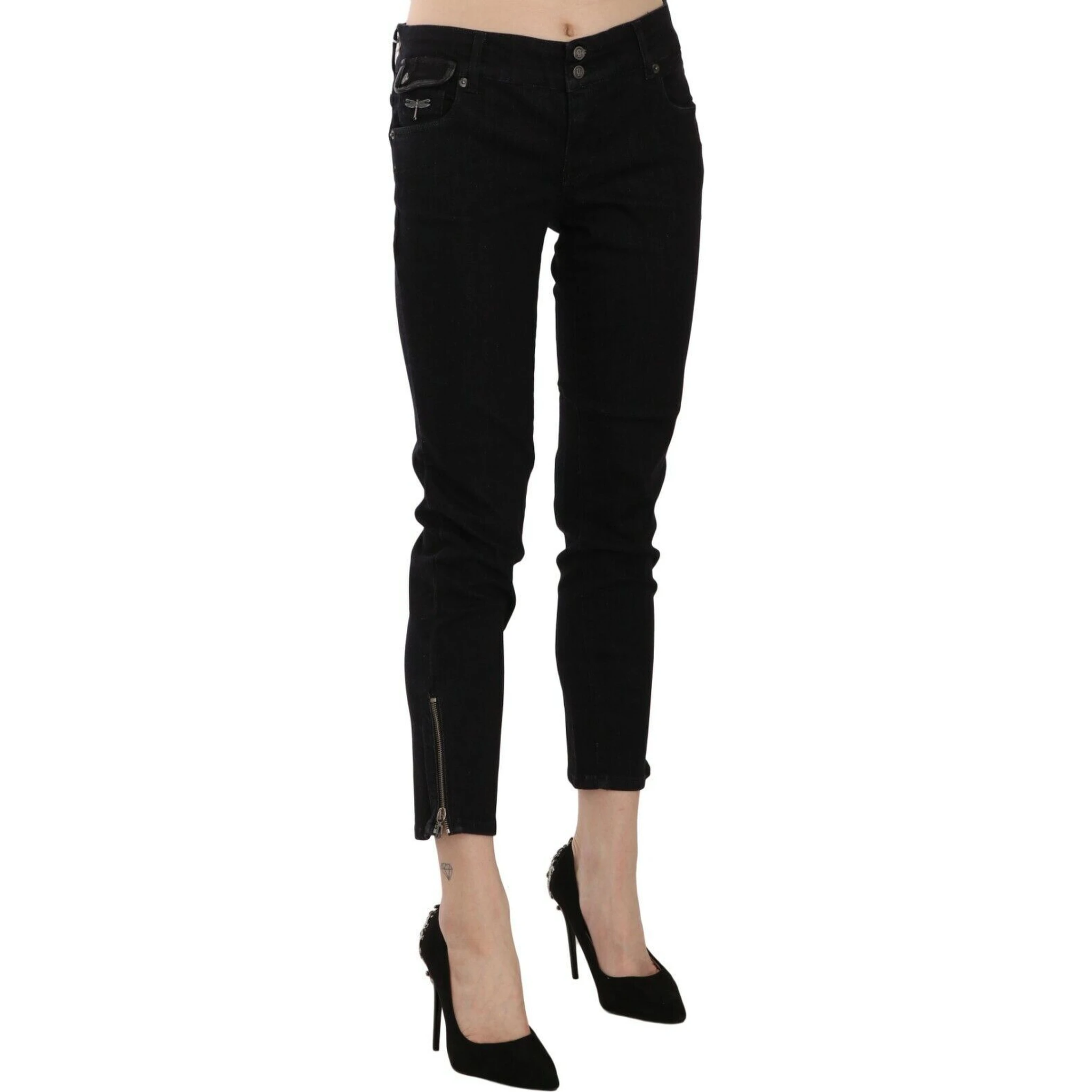 Black Mid Waist Cropped Cut Hem Denim Casual Pants