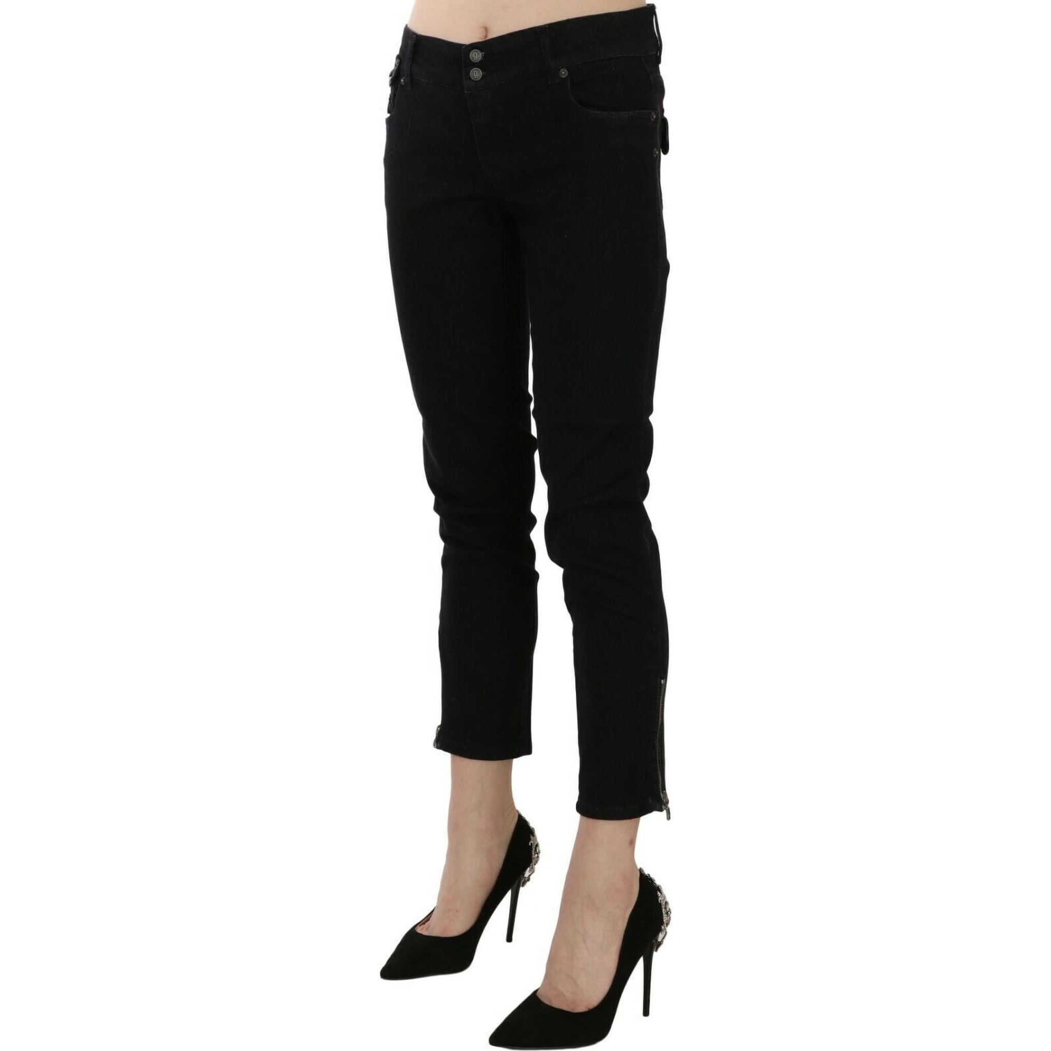 Black Mid Waist Cropped Cut Hem Denim Casual Pants