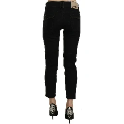 Black Mid Waist Cropped Cut Hem Denim Casual Pants