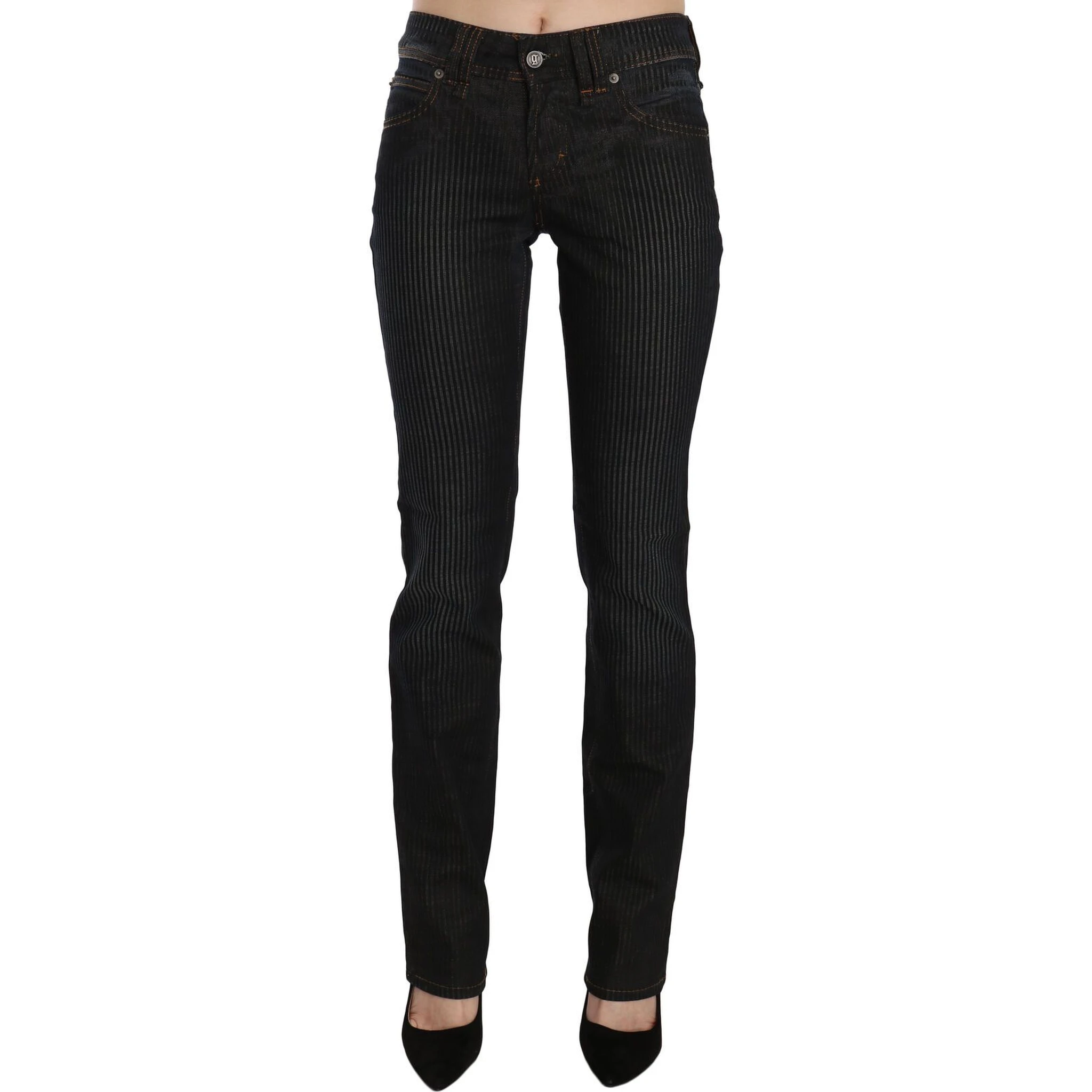 Black Mid Waist Slim Fit Corduroy Denim Casual Pants