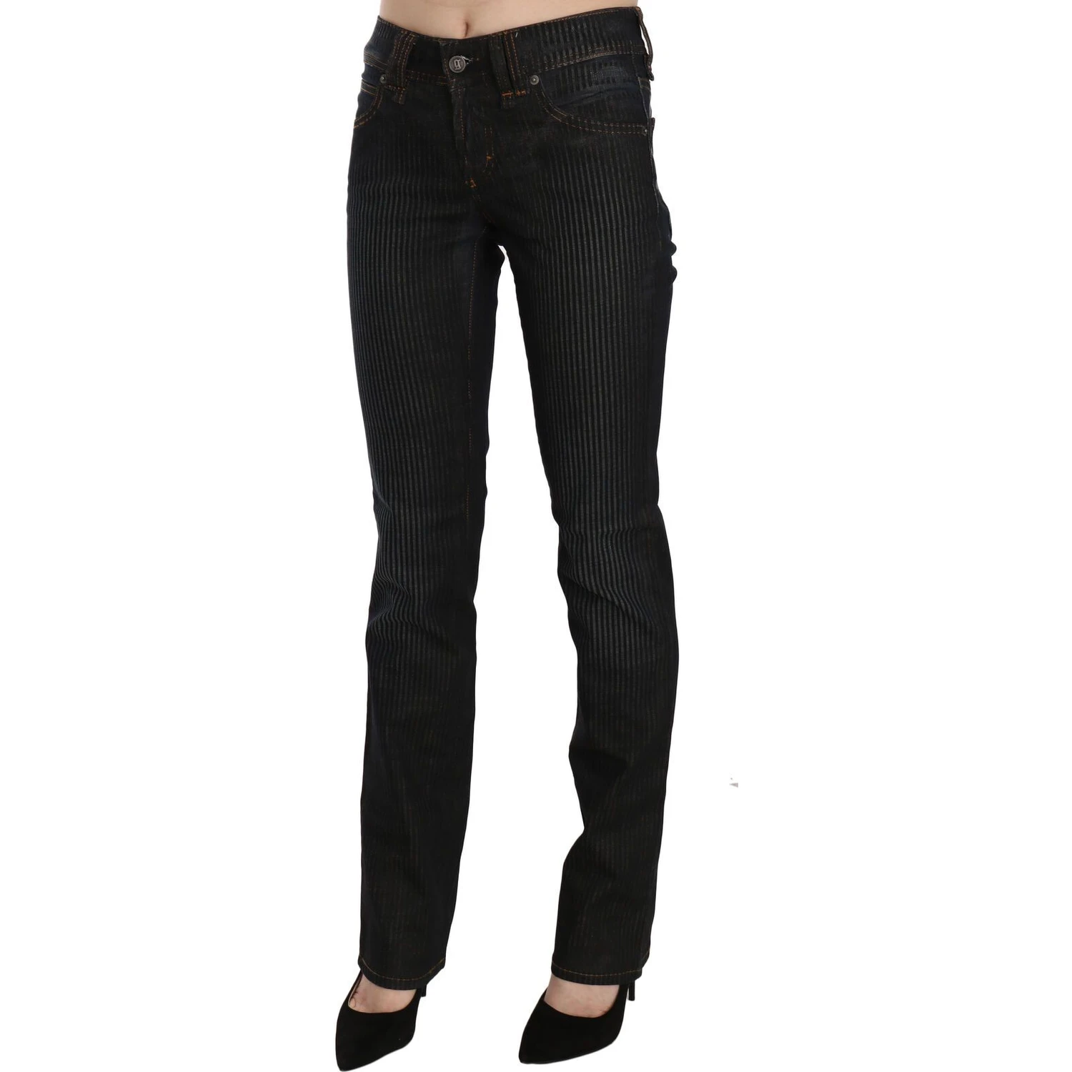 Black Mid Waist Slim Fit Corduroy Denim Casual Pants