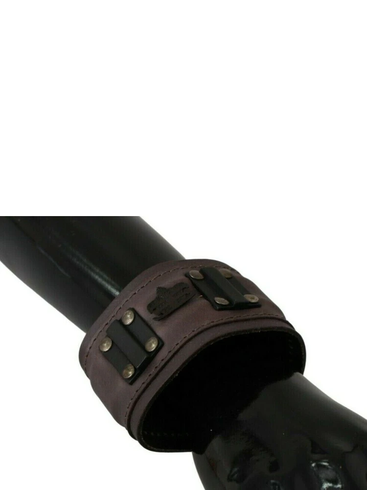 Brown Leather Branded Wide Buckle Closure Bracelet