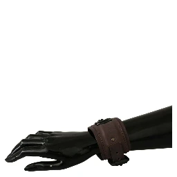 Brown Leather Branded Wide Buckle Closure Bracelet