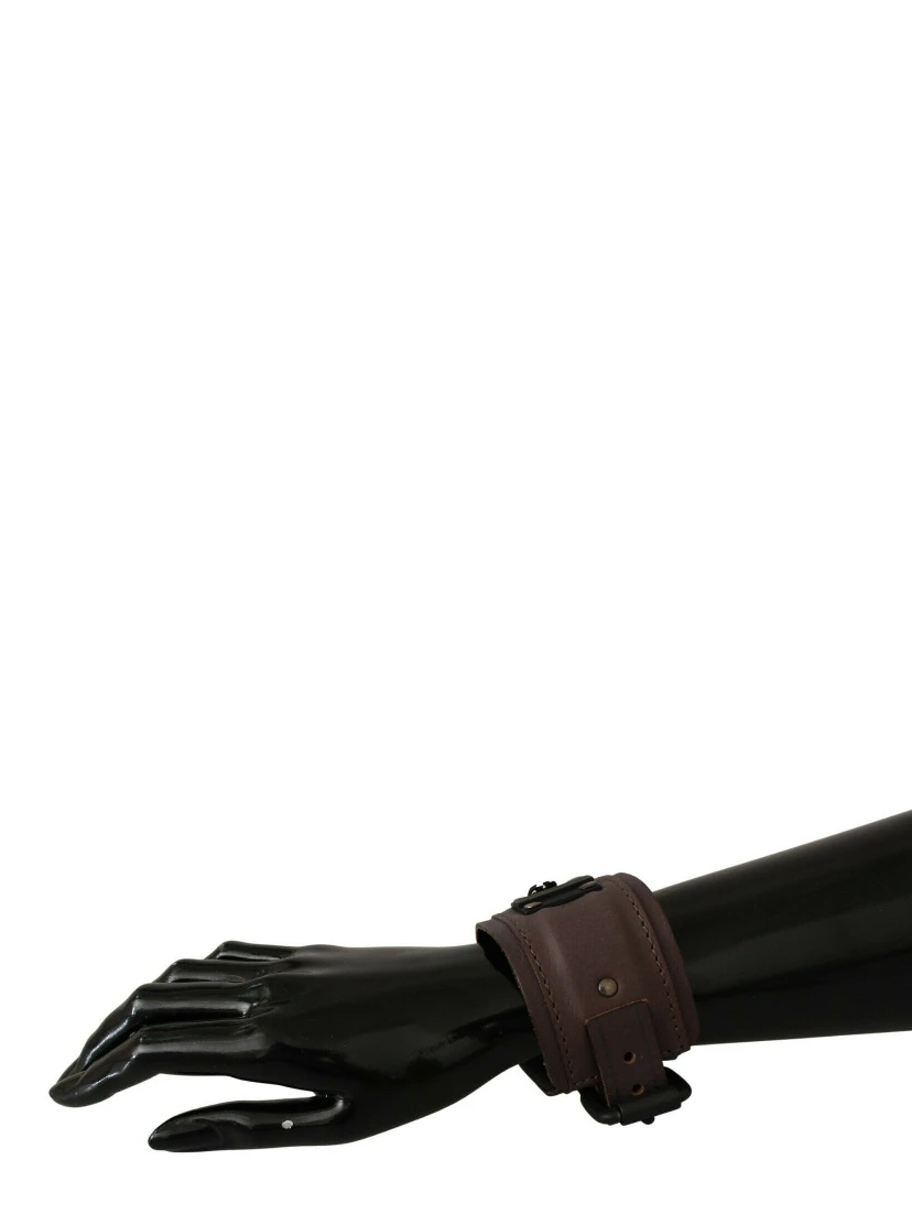 Brown Leather Branded Wide Buckle Closure Bracelet