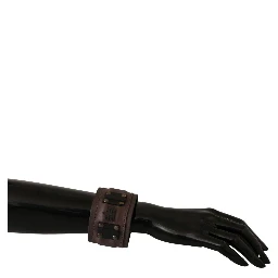 Brown Leather Branded Wide Buckle Closure Bracelet