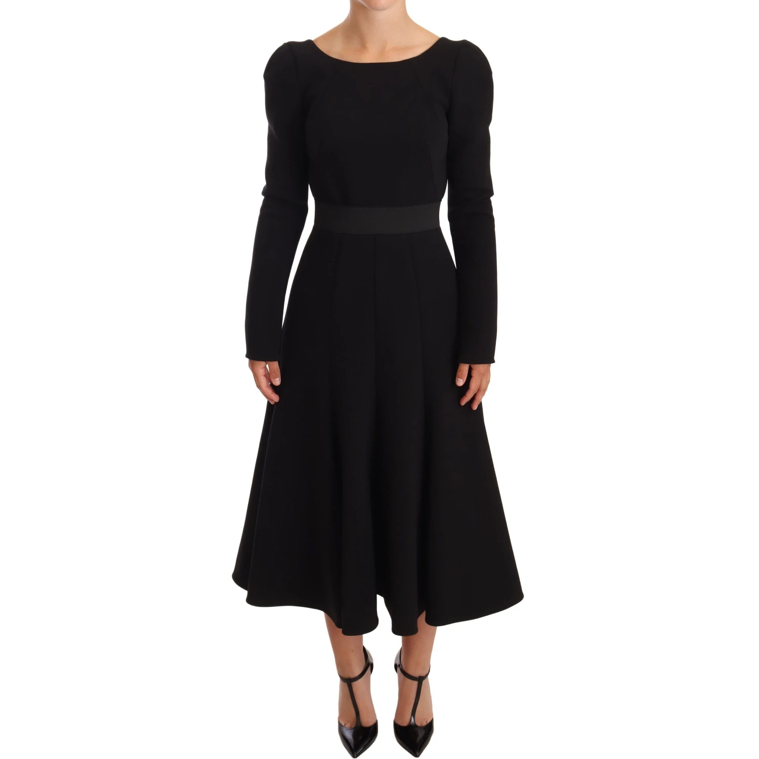 Black Wool Stretch Sheath Open Back Dress