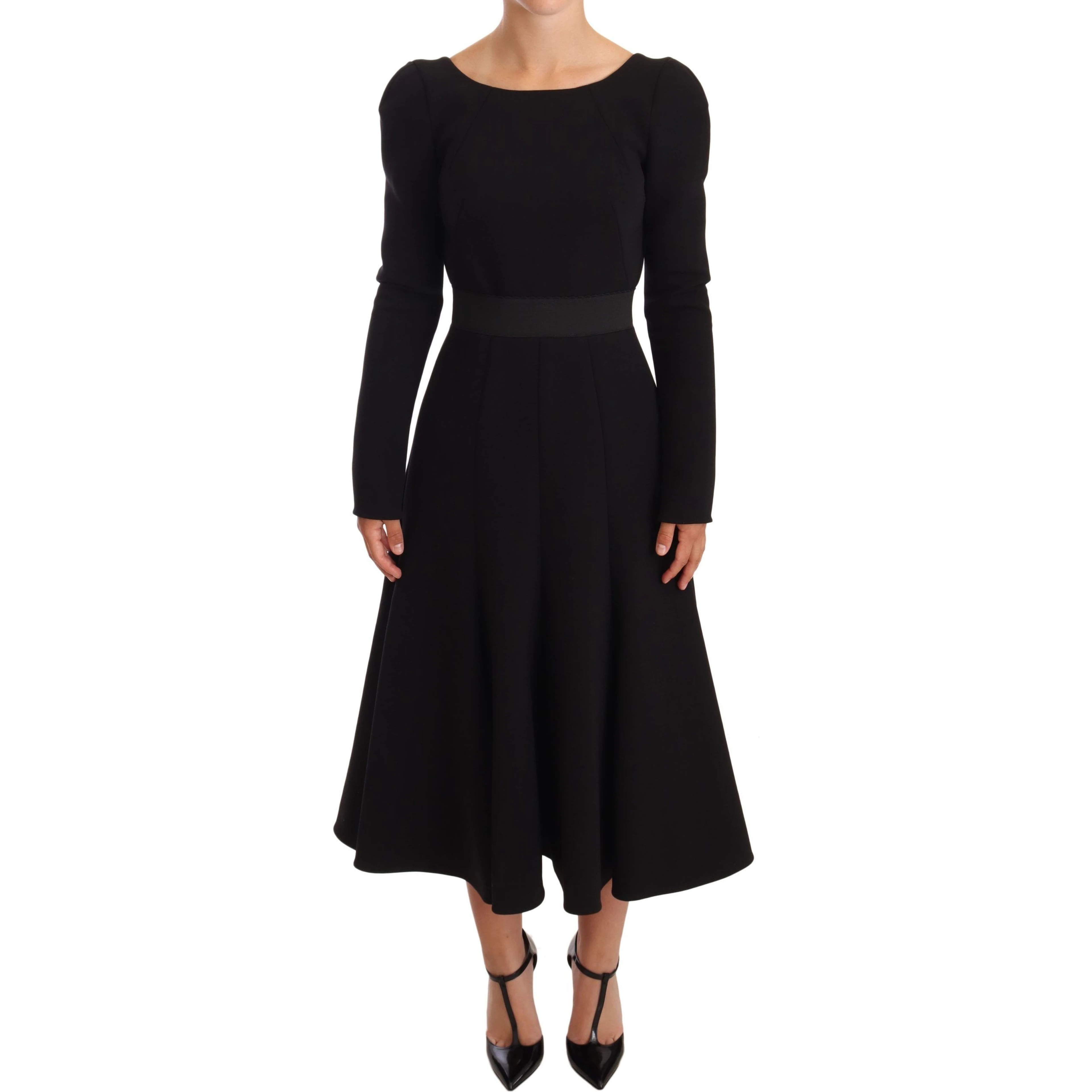 Black Wool Stretch Sheath Open Back Dress