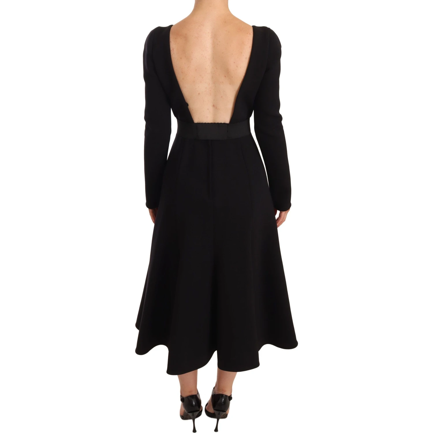 Black Wool Stretch Sheath Open Back Dress