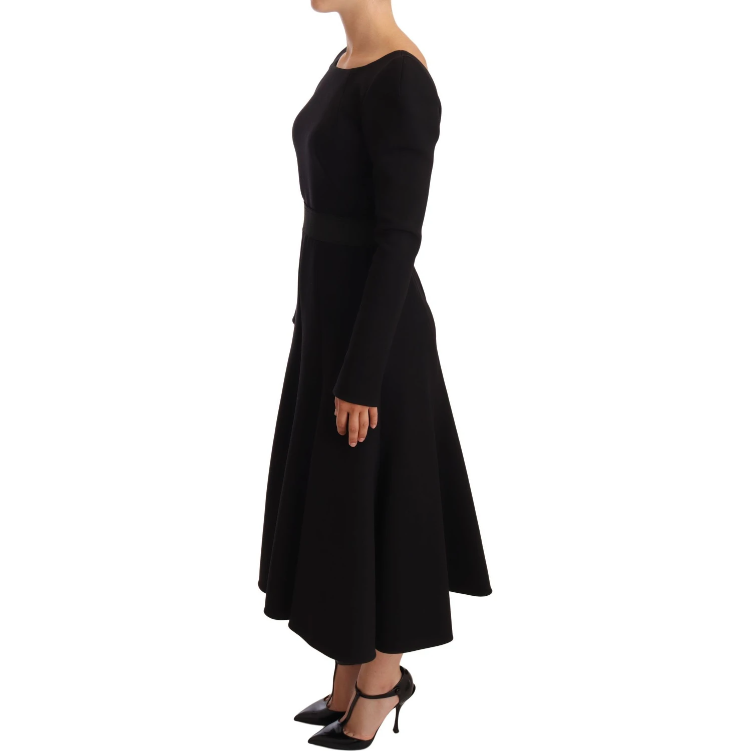 Black Wool Stretch Sheath Open Back Dress