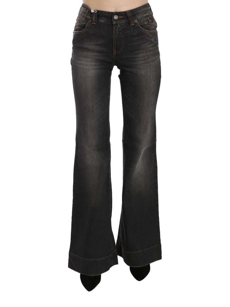 Black Washed Mid Waist Flared Denim Casual Jeans