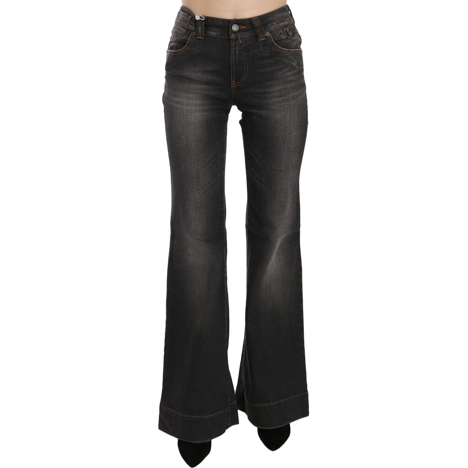 Black Washed Mid Waist Flared Denim Casual Jeans