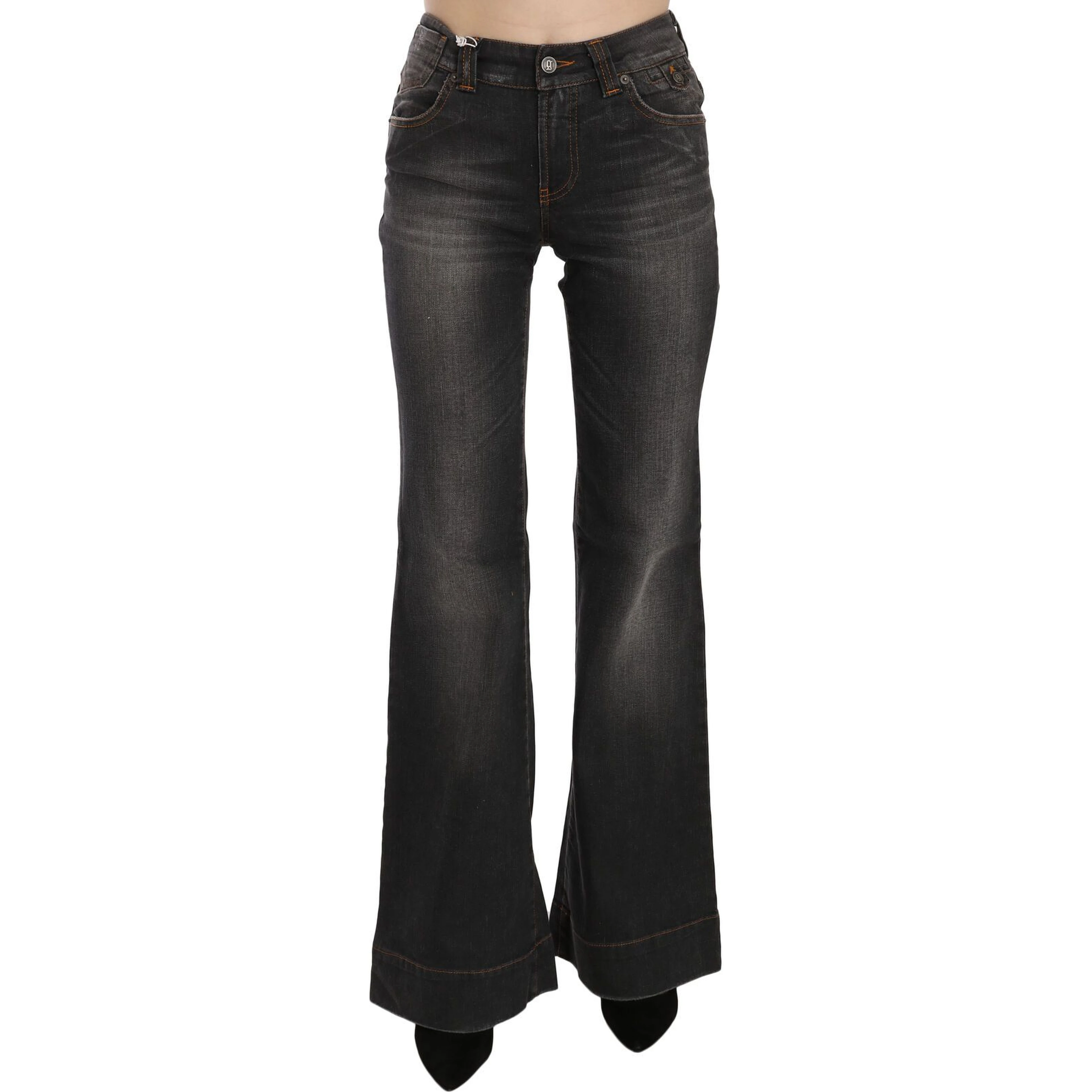 Black Washed Mid Waist Flared Denim Casual Jeans