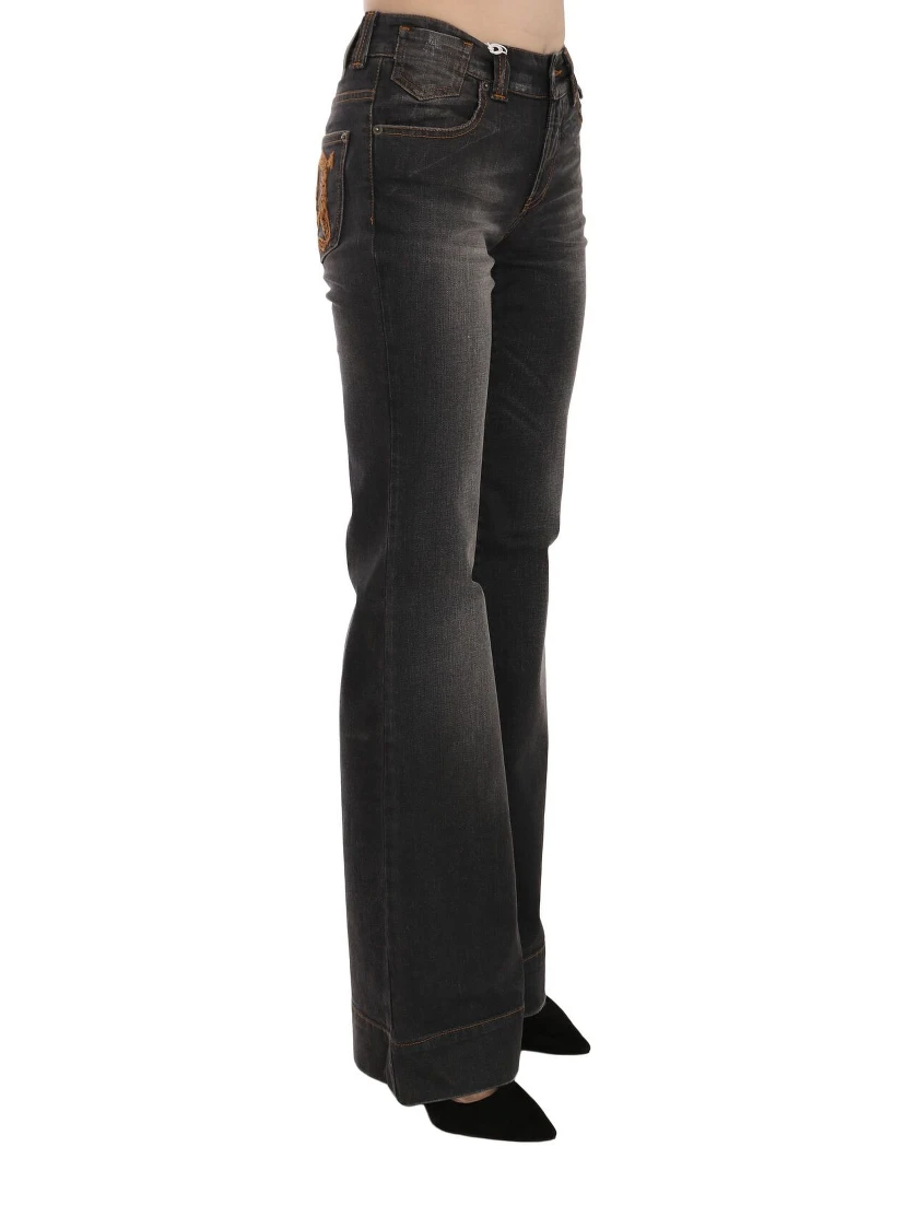 Black Washed Mid Waist Flared Denim Casual Jeans