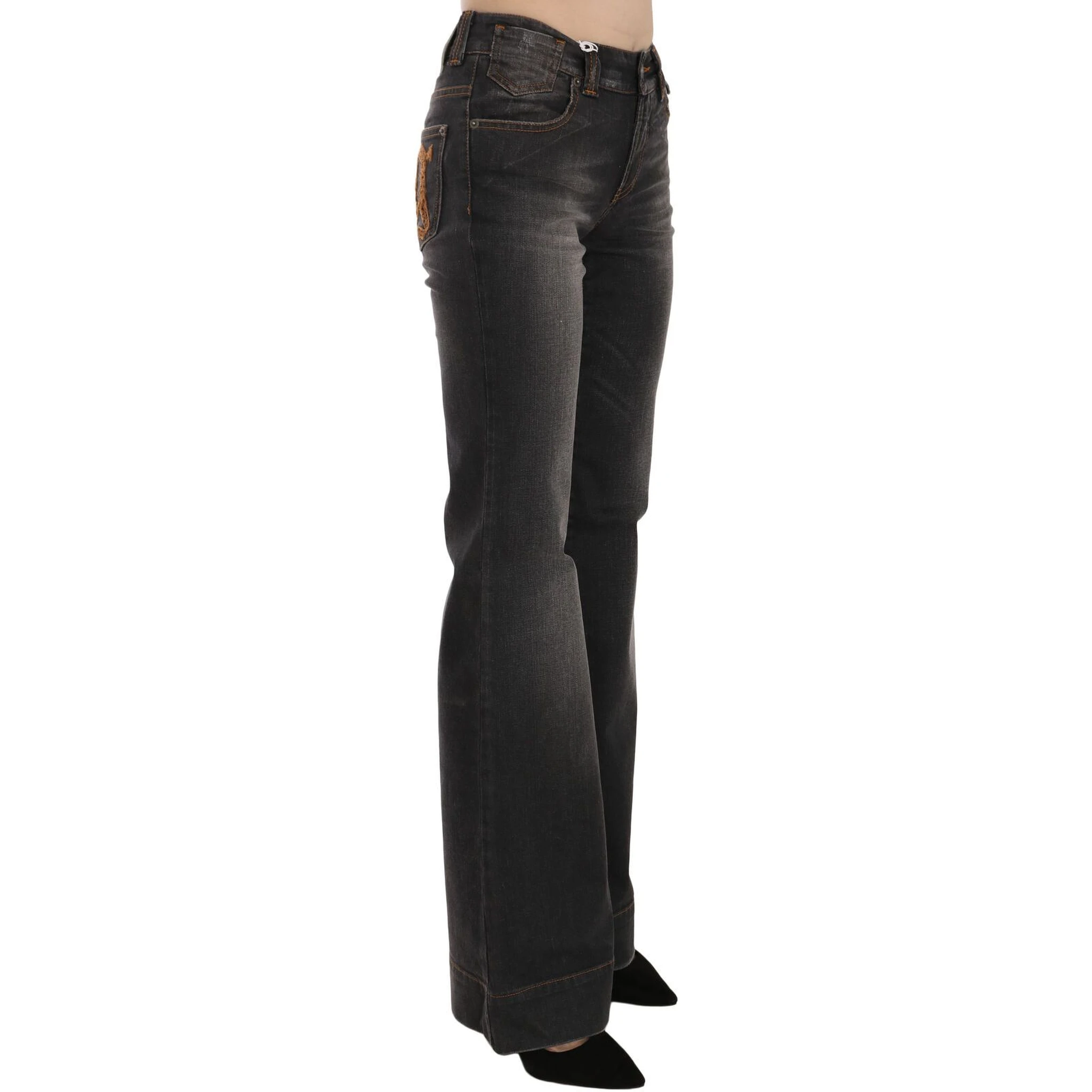 Black Washed Mid Waist Flared Denim Casual Jeans