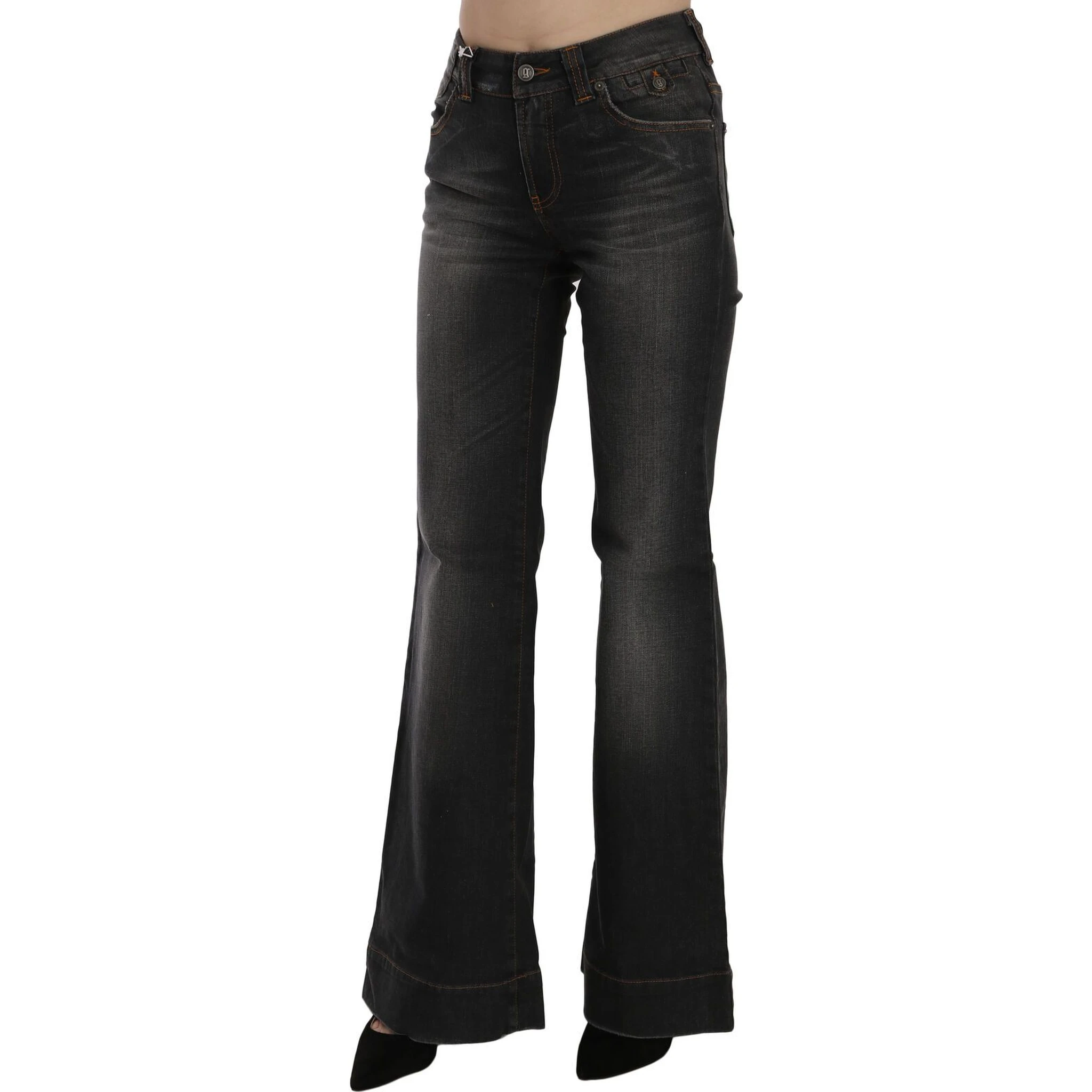 Black Washed Mid Waist Flared Denim Casual Jeans