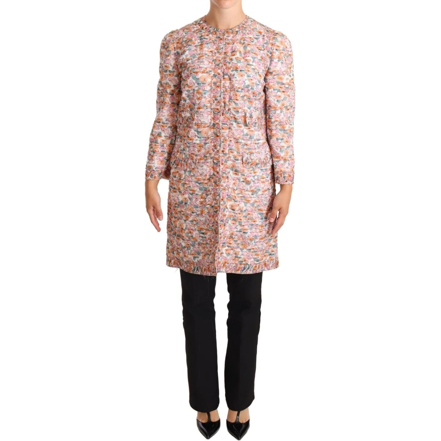 Multicolor Floral Print Silk Trench Coat Jacket
