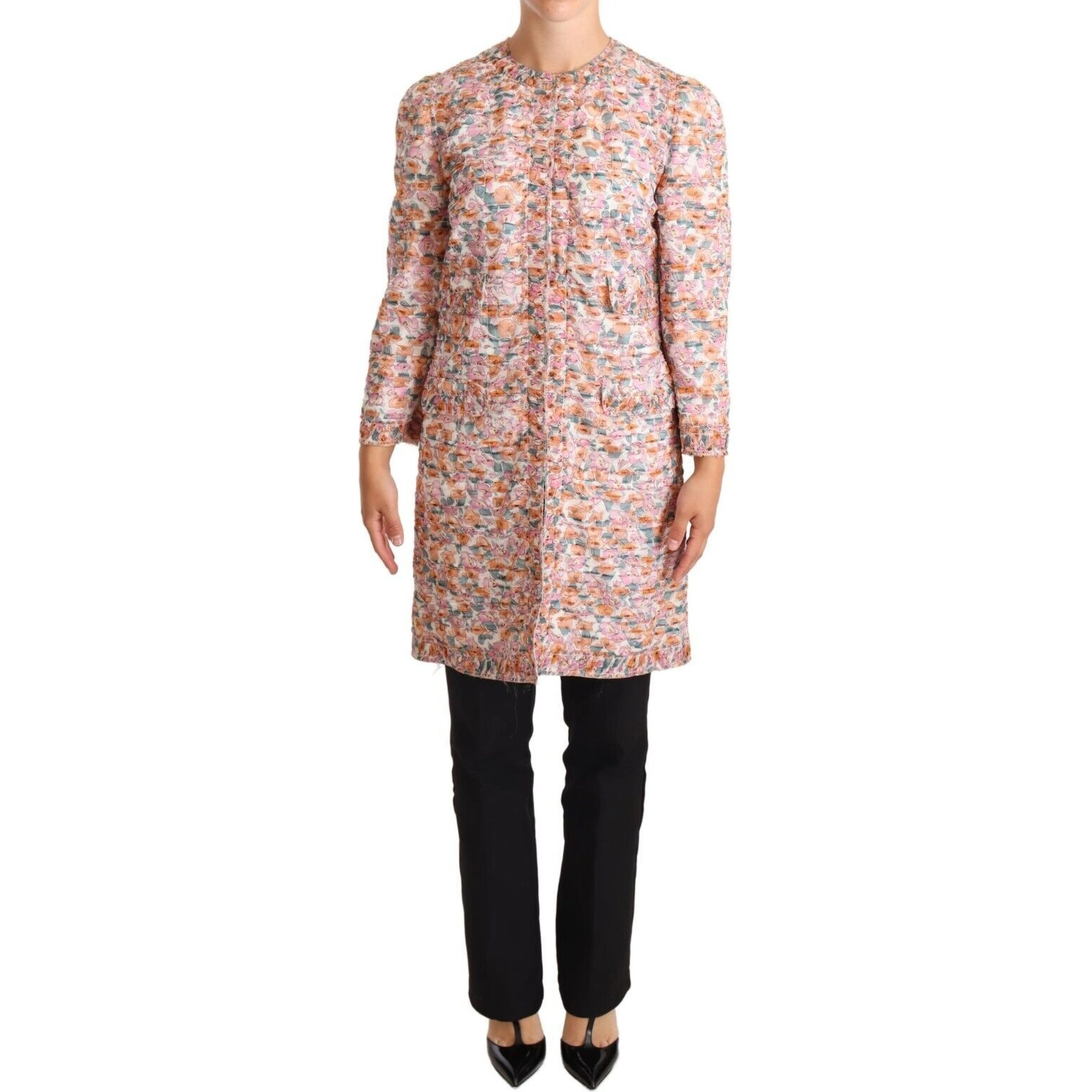 Multicolor Floral Print Silk Trench Coat Jacket