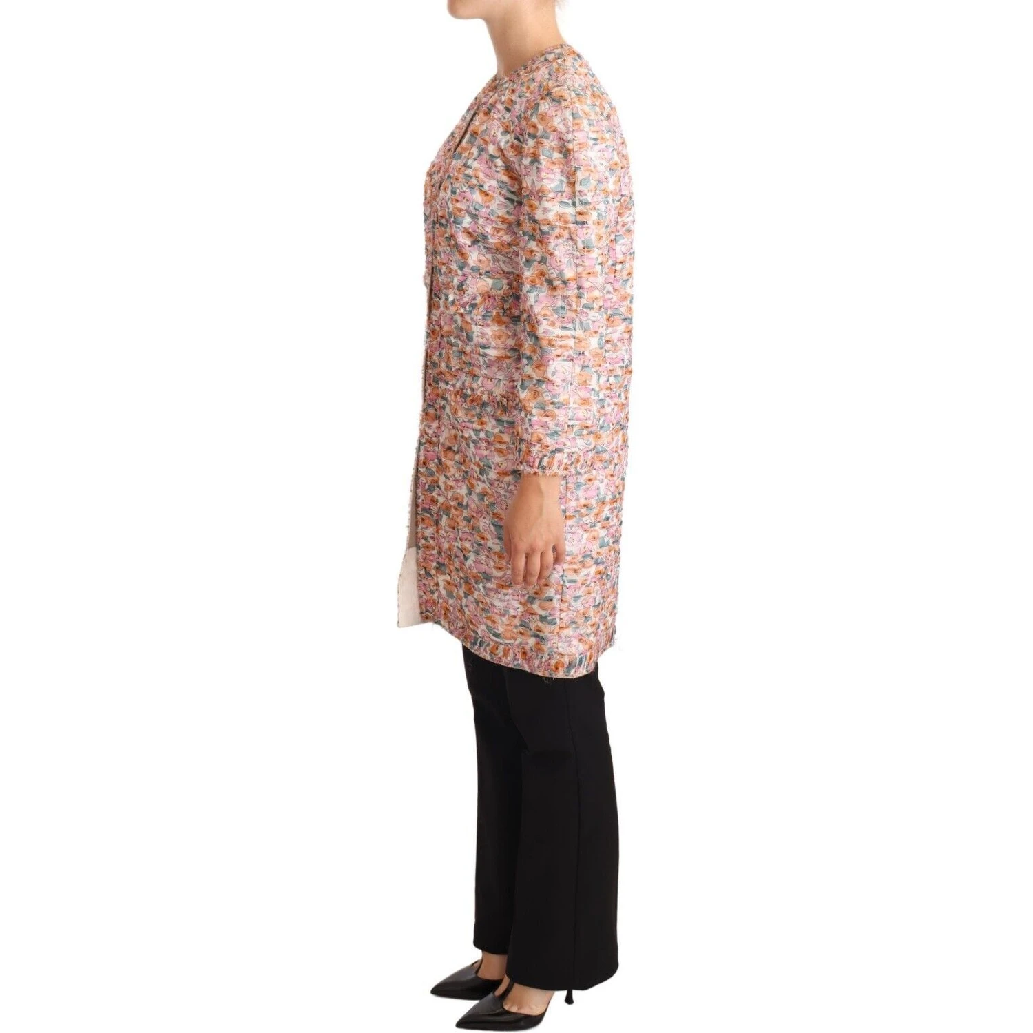 Multicolor Floral Print Silk Trench Coat Jacket