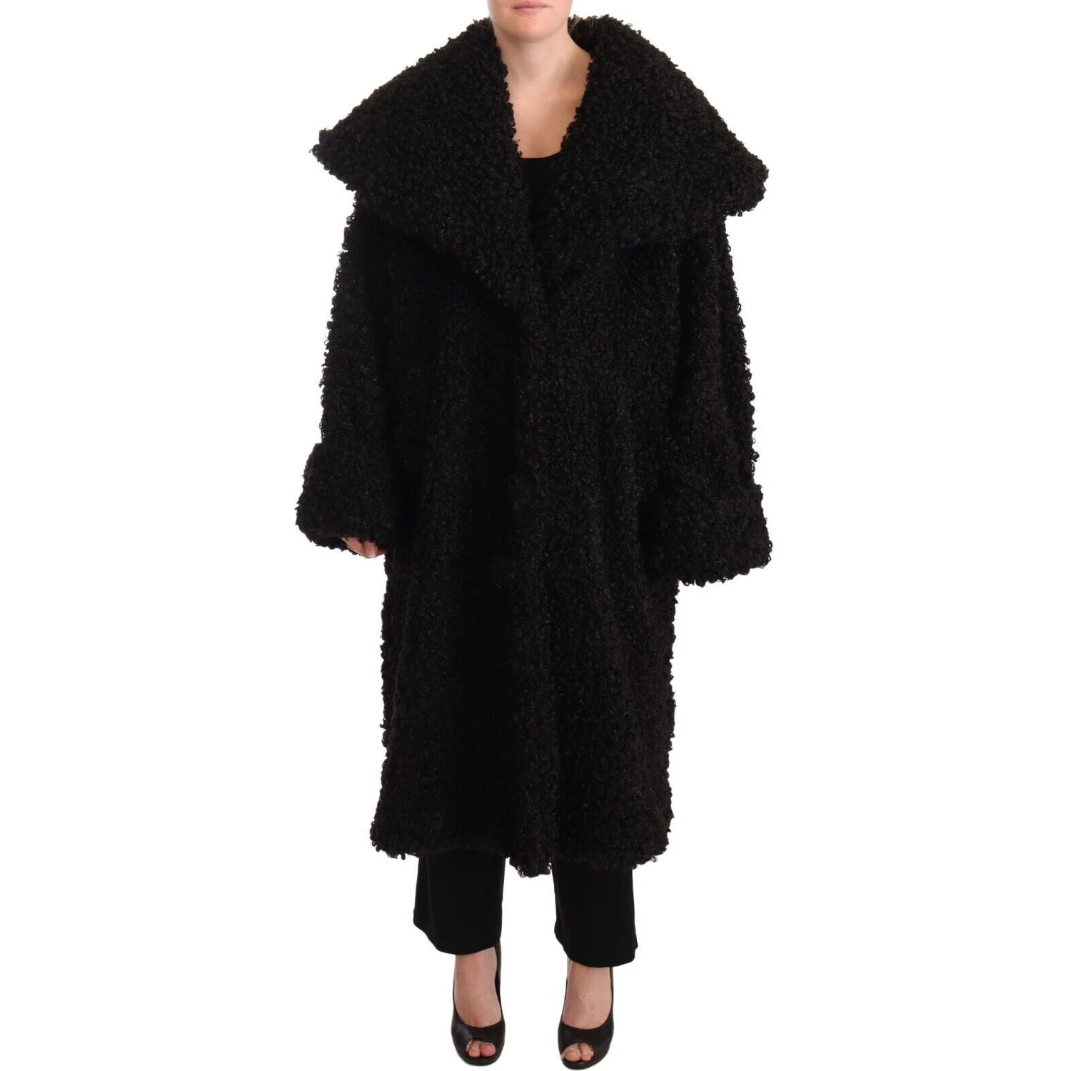Black Polyester Fur Trench Coat Jacket