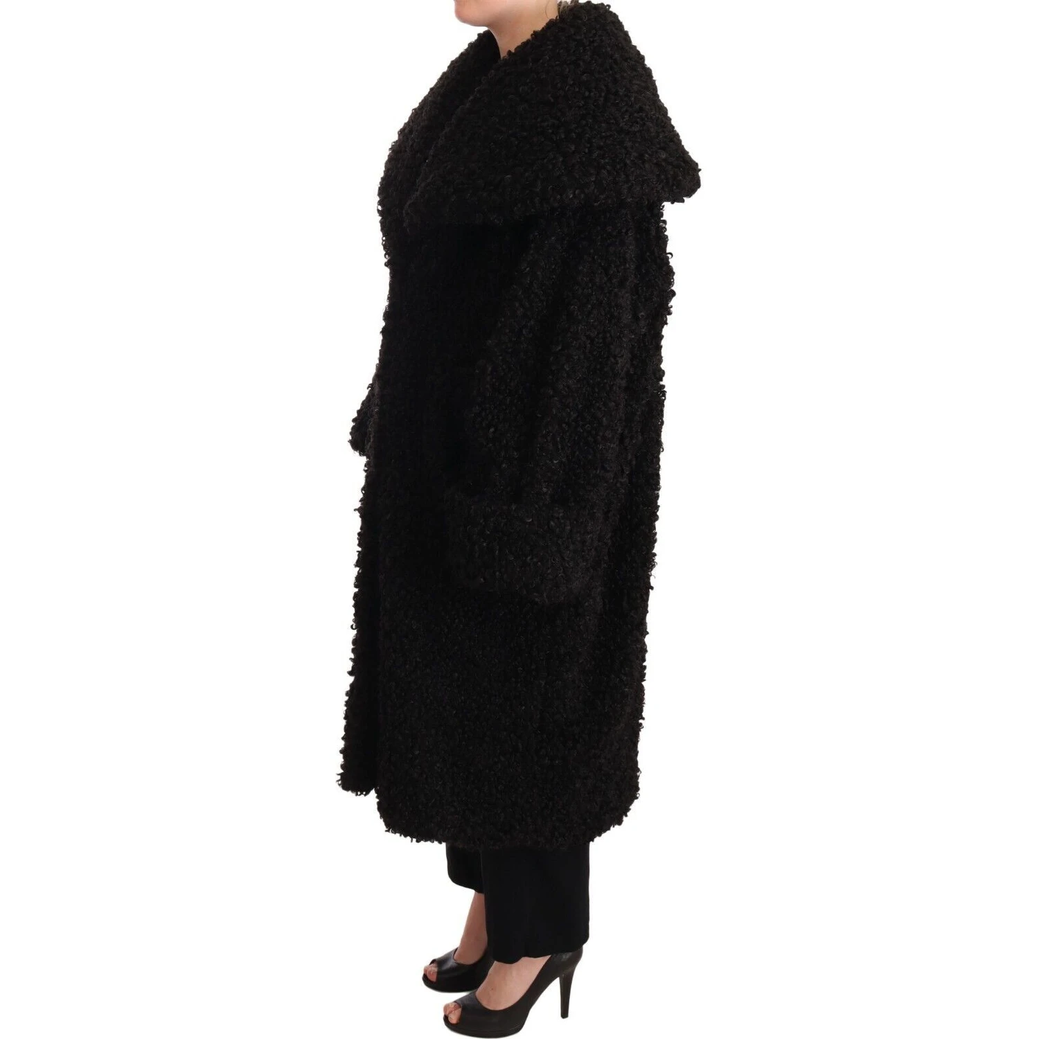 Black Polyester Fur Trench Coat Jacket