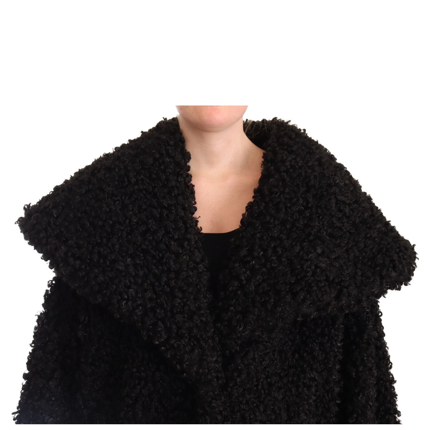 Black Polyester Fur Trench Coat Jacket