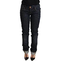 Dark Blue Cotton Slim Fit Folded Hem Women Denim Trouser Jeans