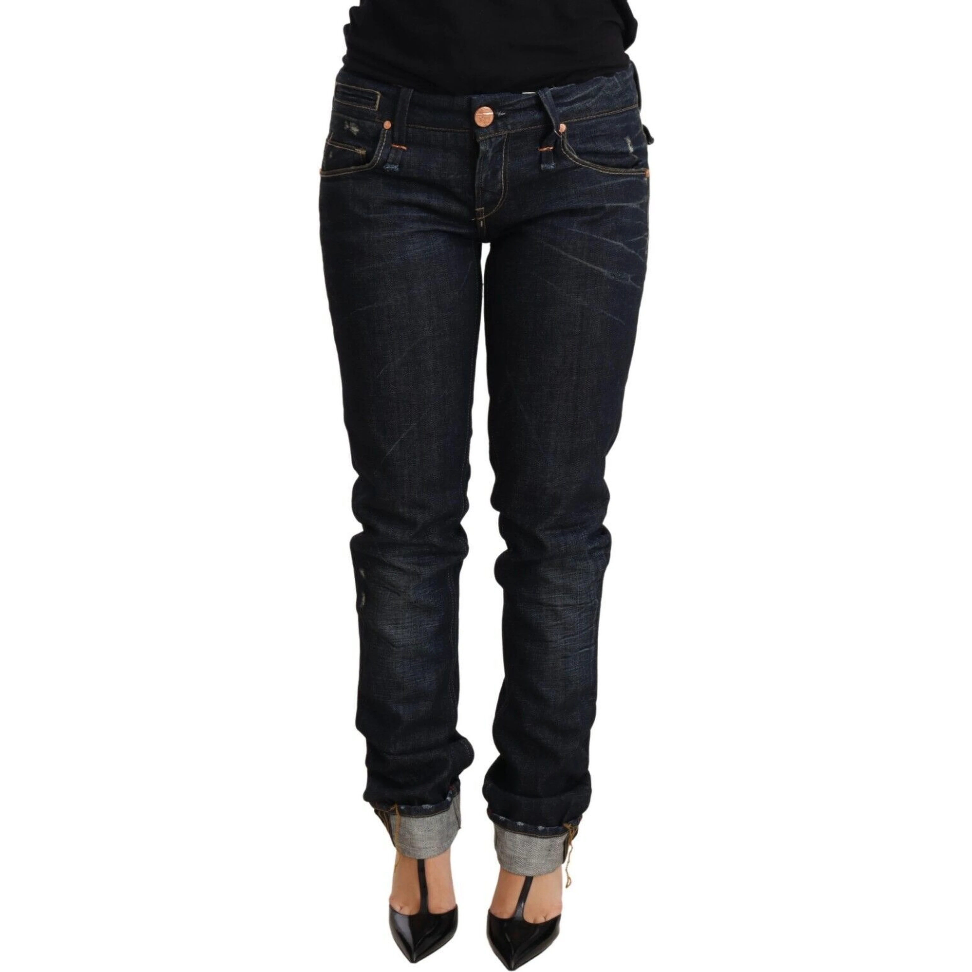 Dark Blue Cotton Slim Fit Folded Hem Women Denim Trouser Jeans