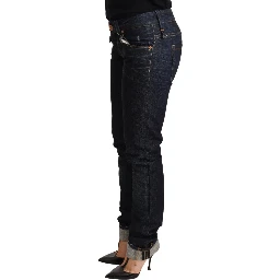 Dark Blue Cotton Slim Fit Folded Hem Women Denim Trouser Jeans