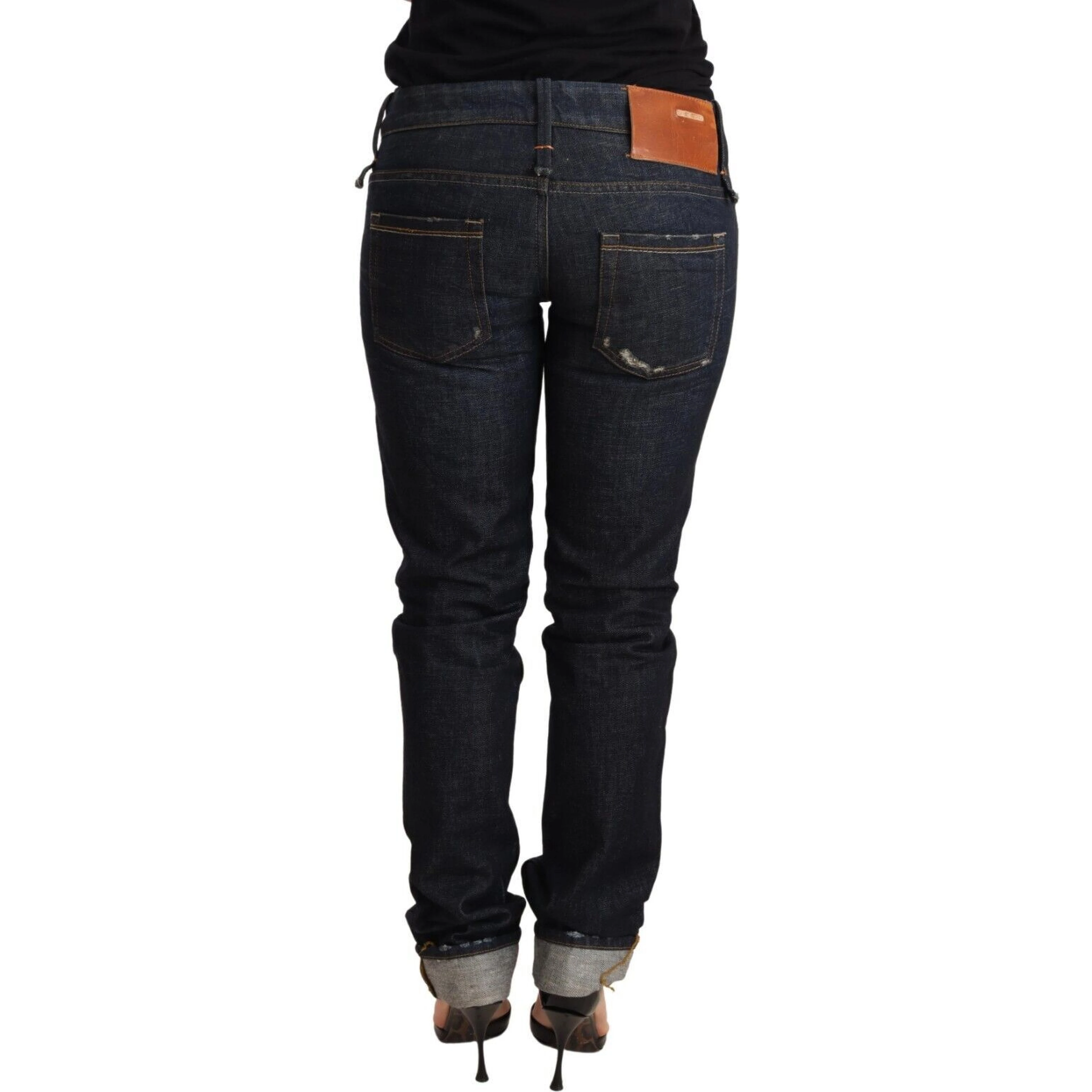 Dark Blue Cotton Slim Fit Folded Hem Women Denim Trouser Jeans