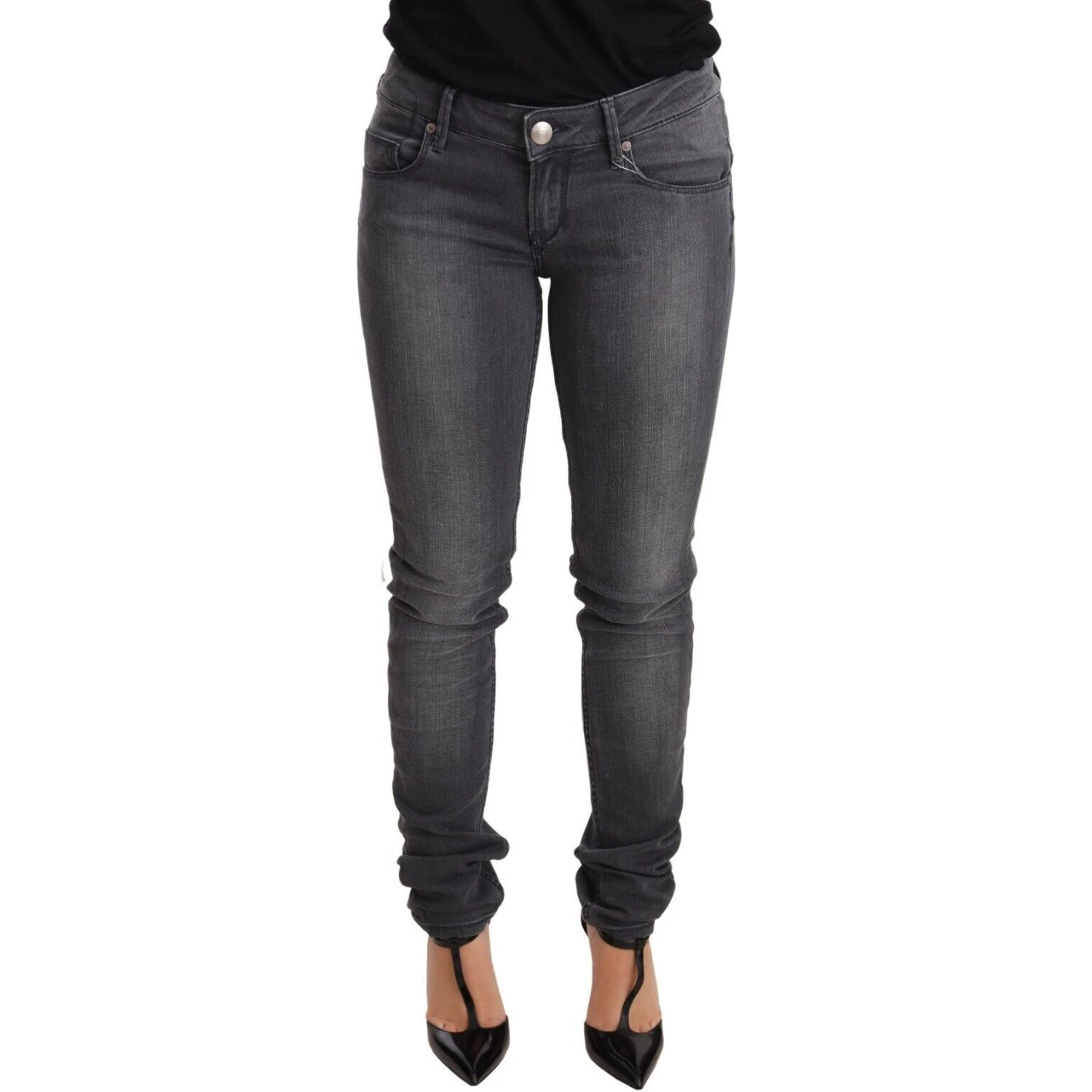 Gray Washed Cotton Slim Fit Low Waist Women Denim Trouser Jeans