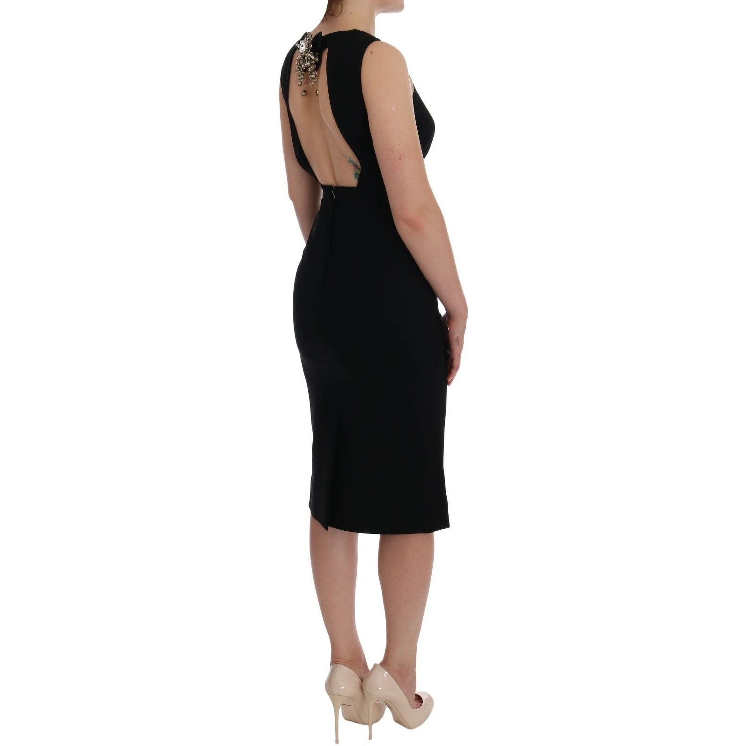 Black Stretch Crystal Sheath Gown Dress
