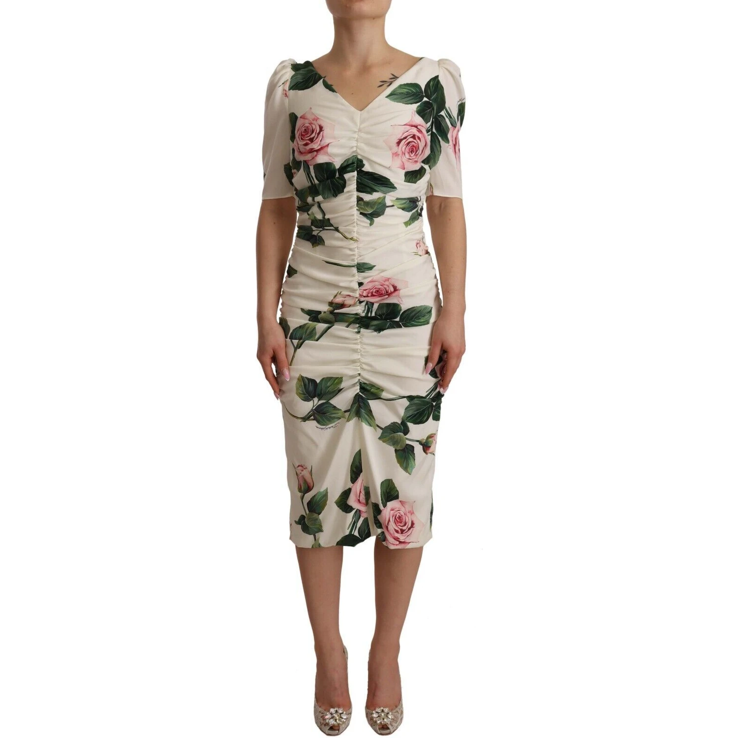 White Roses Print Stretch Silk Pleated Dress