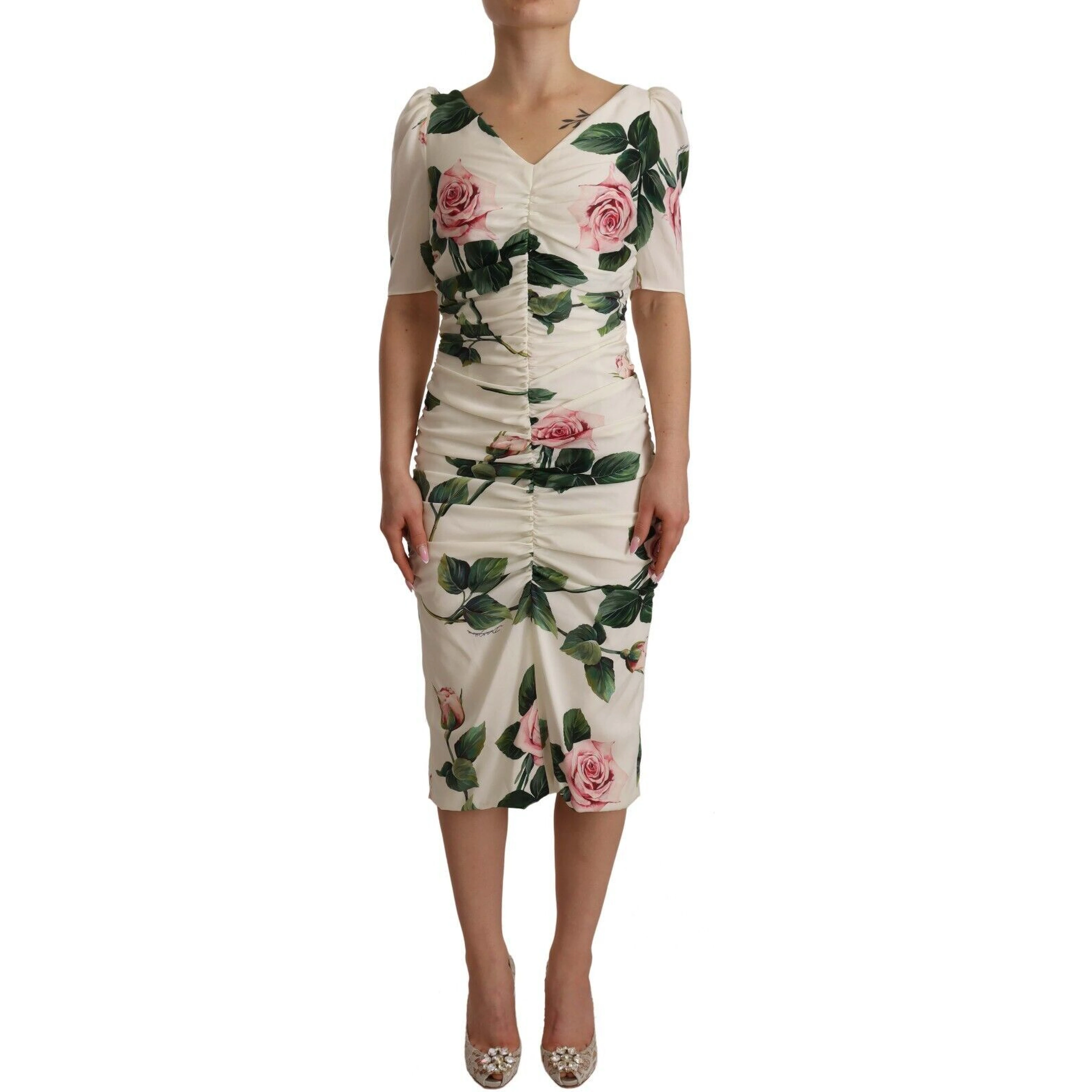 White Roses Print Stretch Silk Pleated Dress