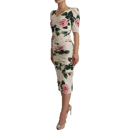 White Roses Print Stretch Silk Pleated Dress