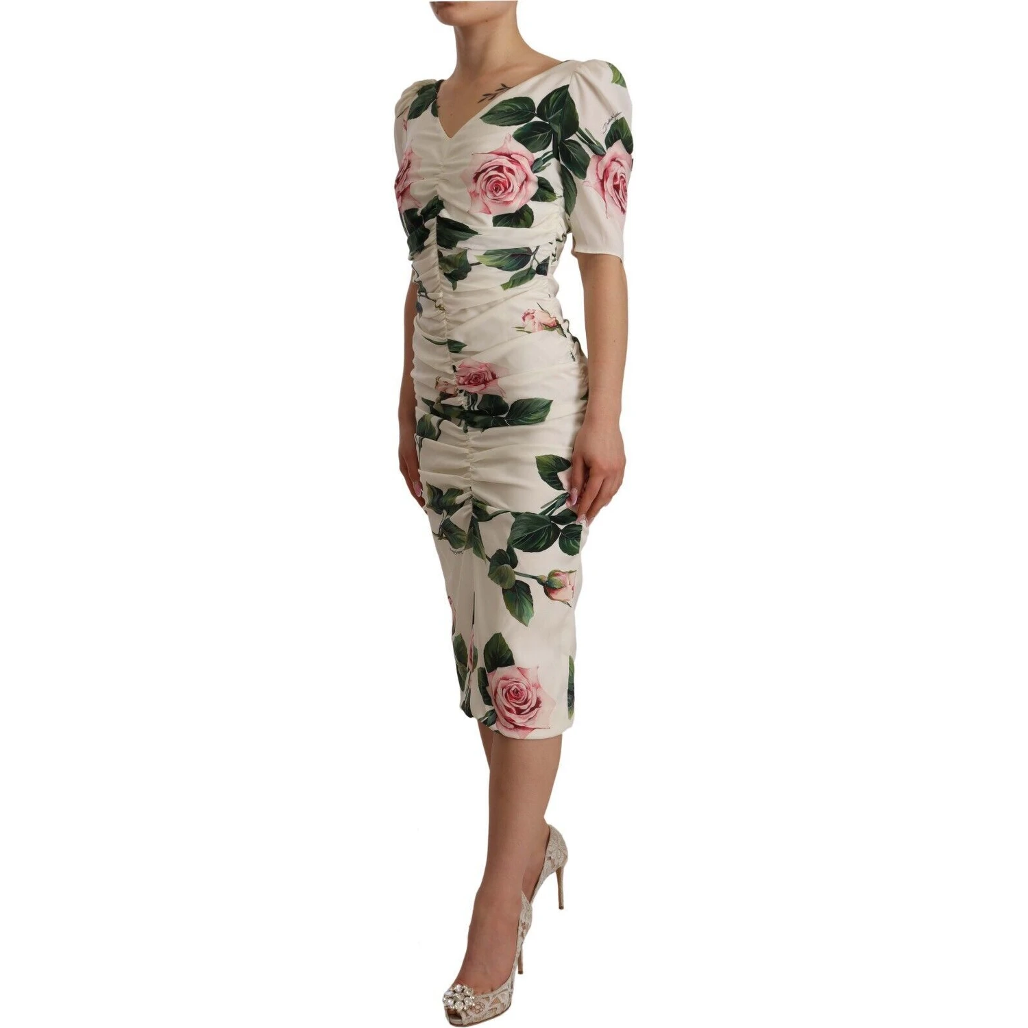 White Roses Print Stretch Silk Pleated Dress