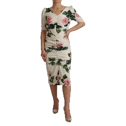 White Roses Print Stretch Silk Pleated Dress