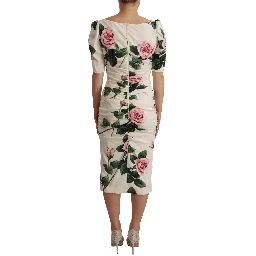 White Roses Print Stretch Silk Pleated Dress