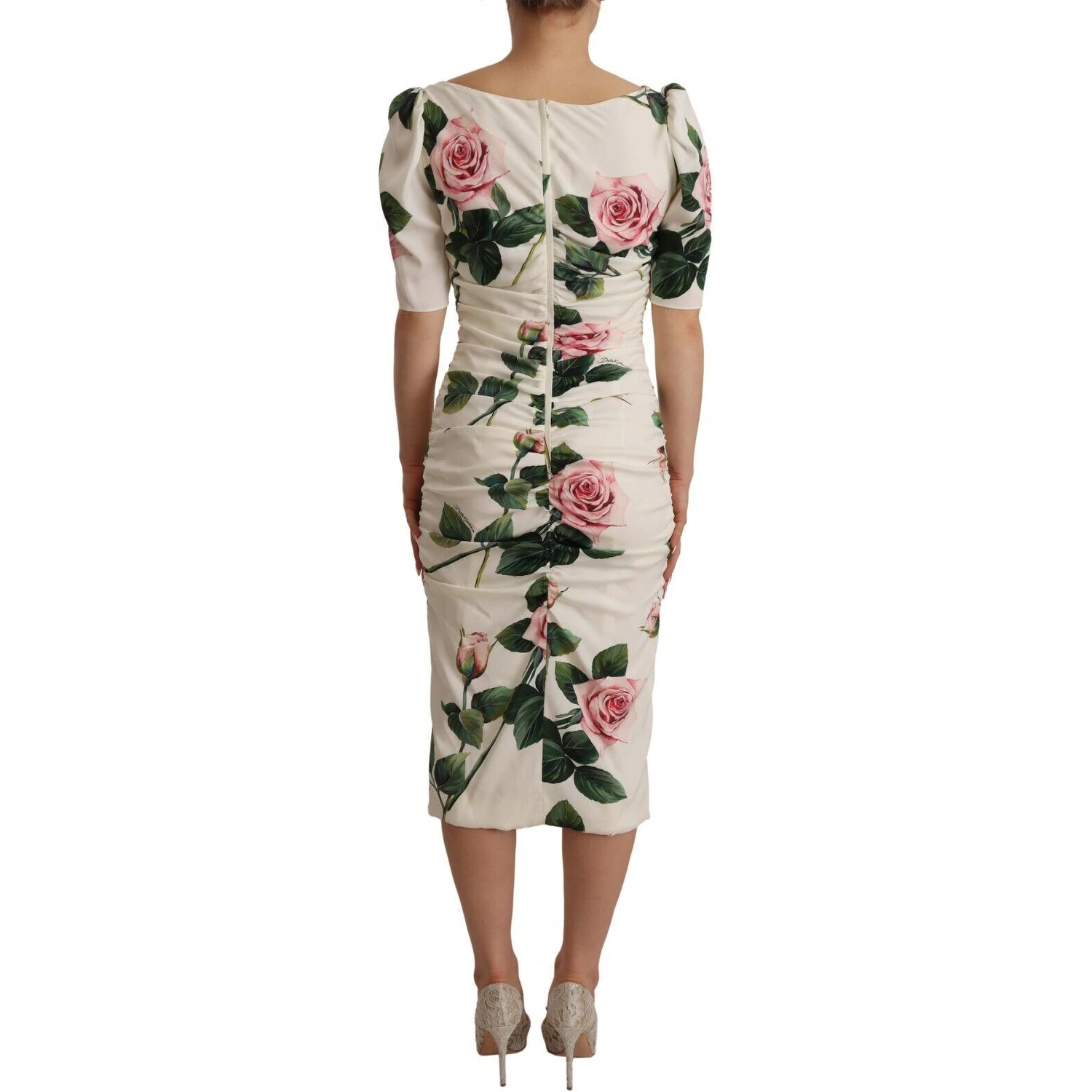 White Roses Print Stretch Silk Pleated Dress