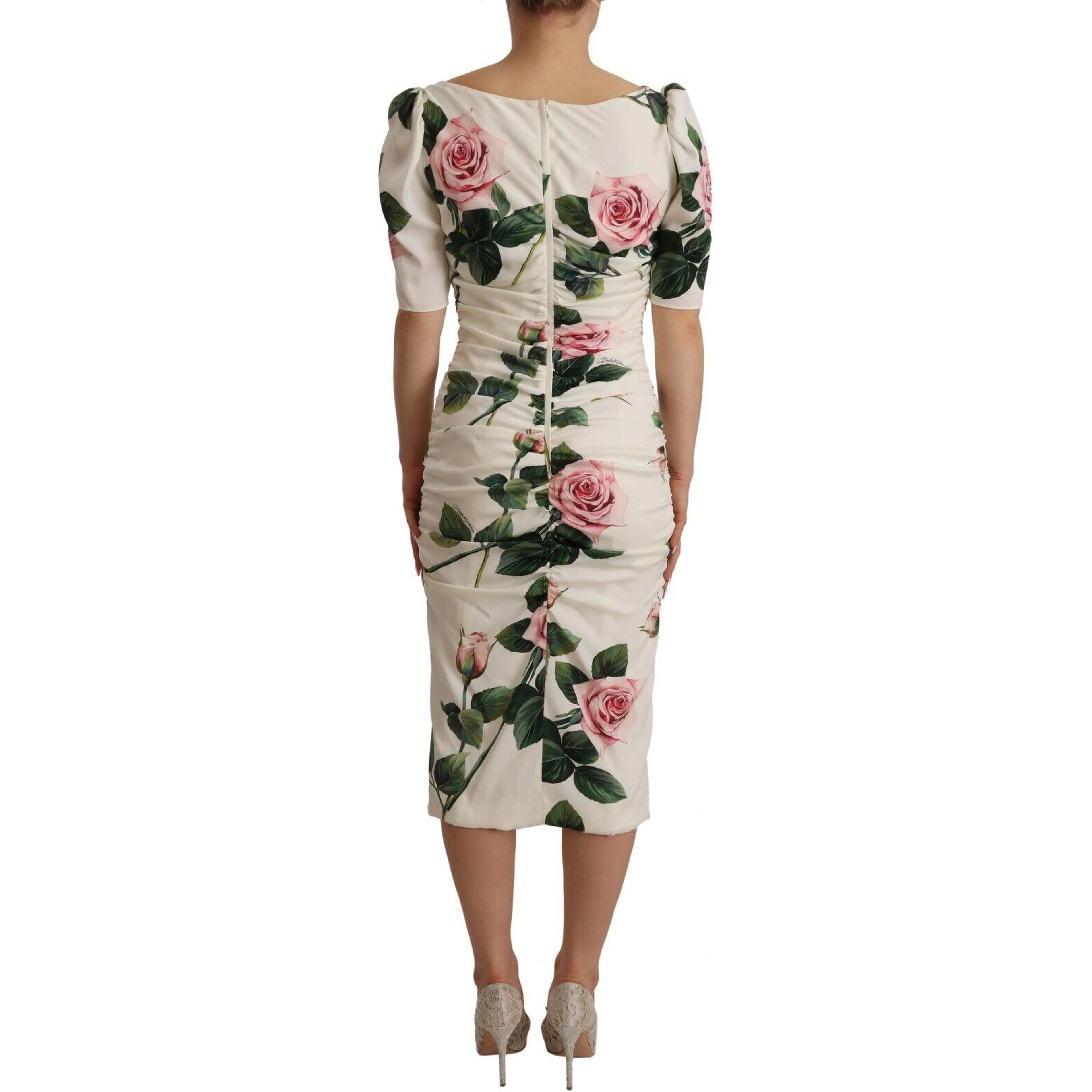 White Roses Print Stretch Silk Pleated Dress