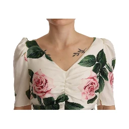 White Roses Print Stretch Silk Pleated Dress