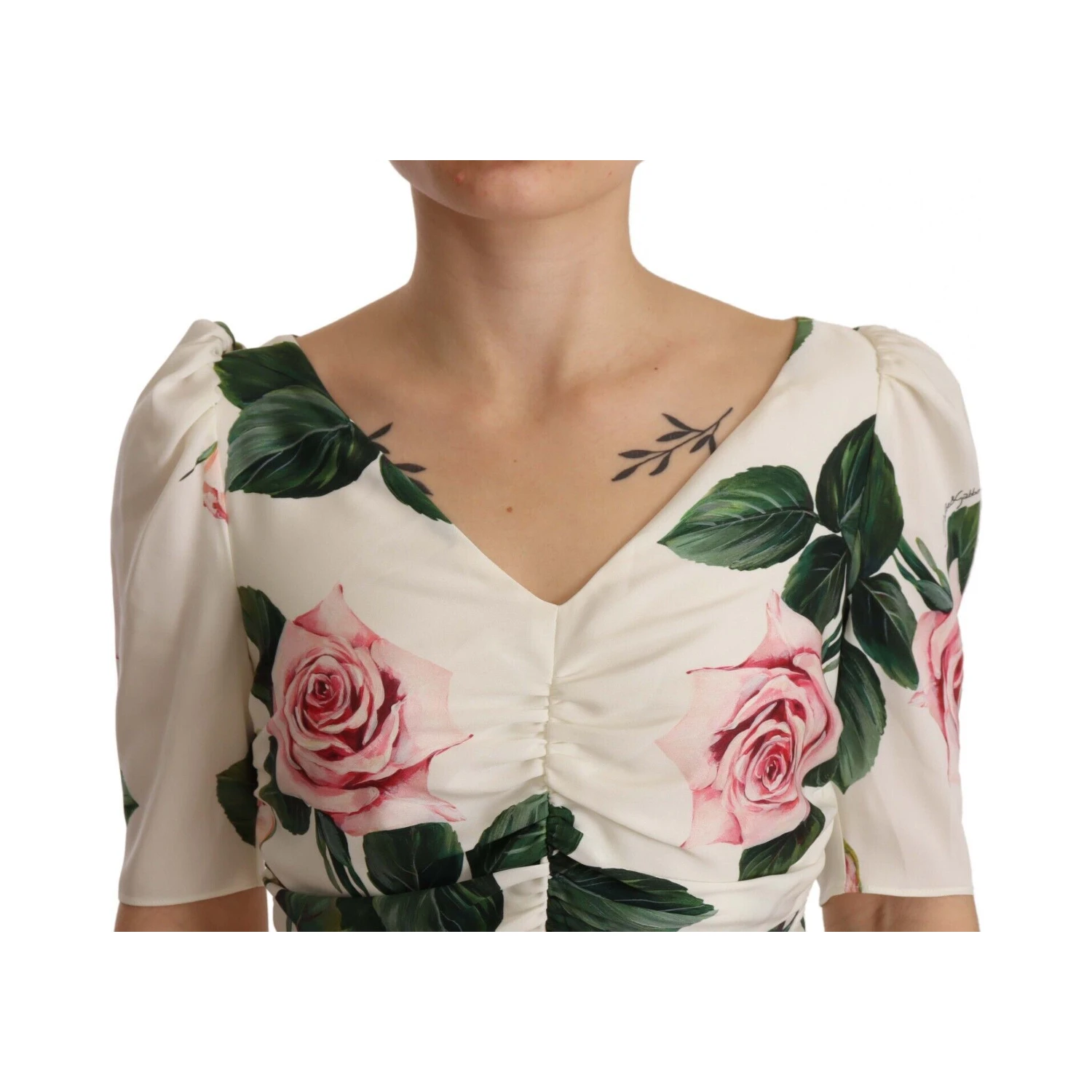 White Roses Print Stretch Silk Pleated Dress