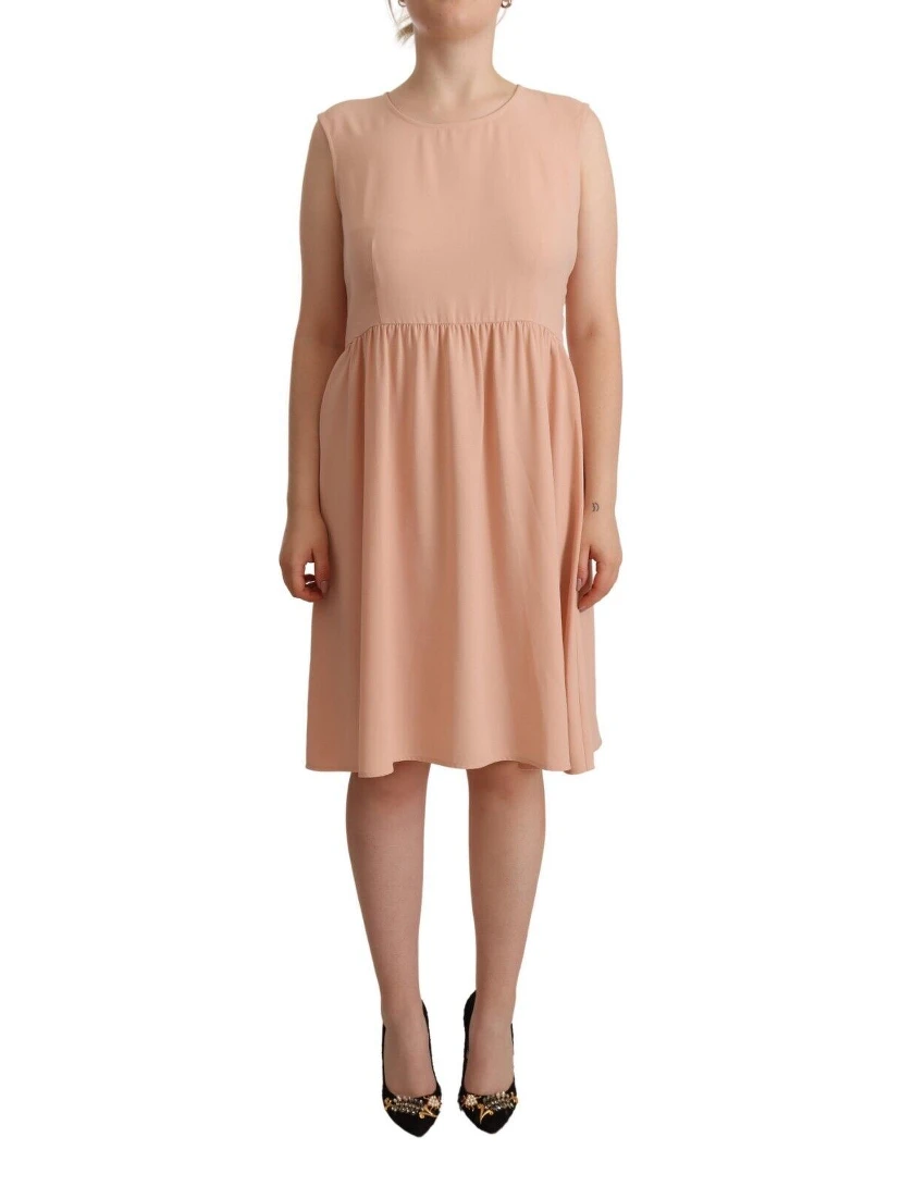 Beige Polyester Sleeveless Shift Knee Length Dress
