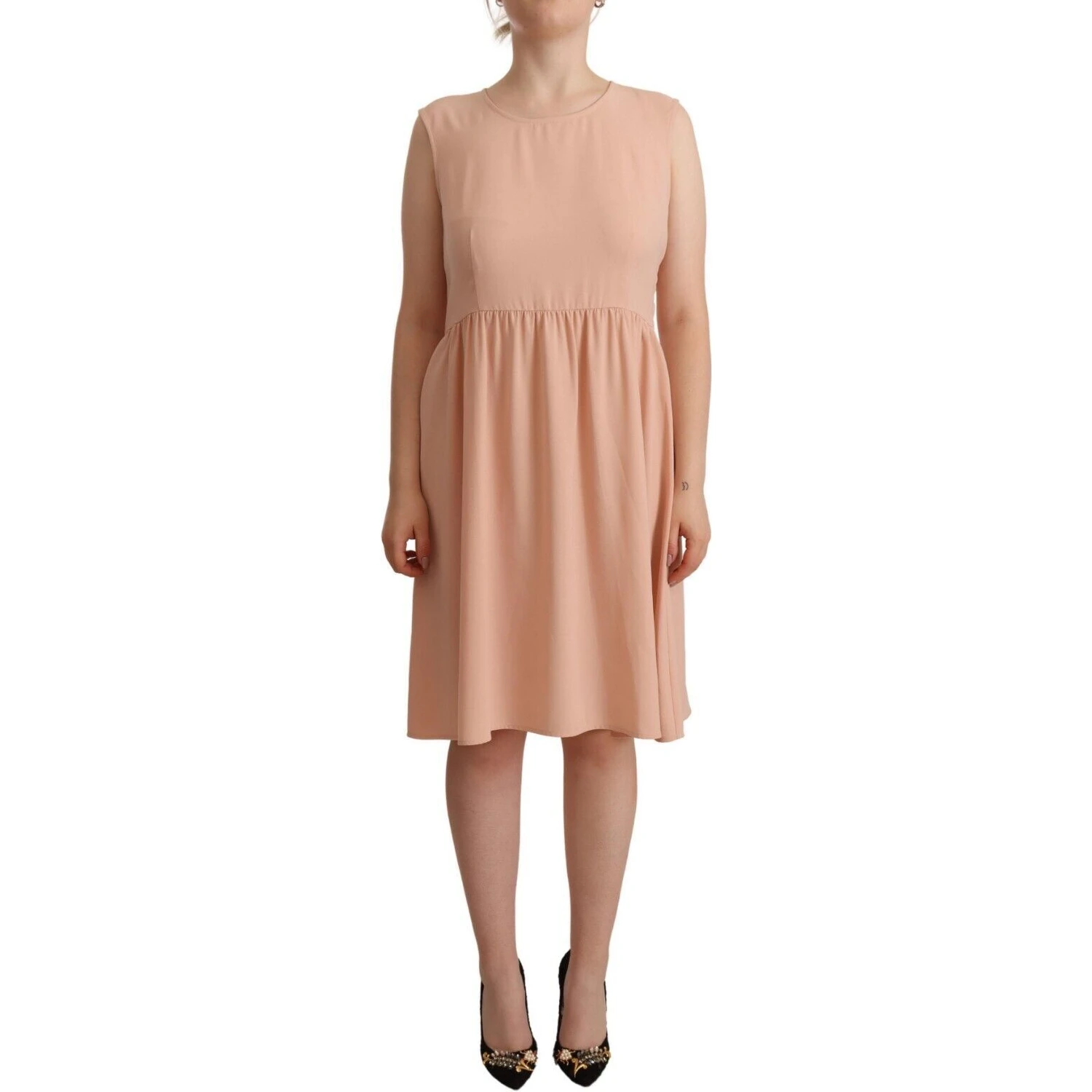 Beige Polyester Sleeveless Shift Knee Length Dress