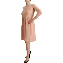 Beige Polyester Sleeveless Shift Knee Length Dress